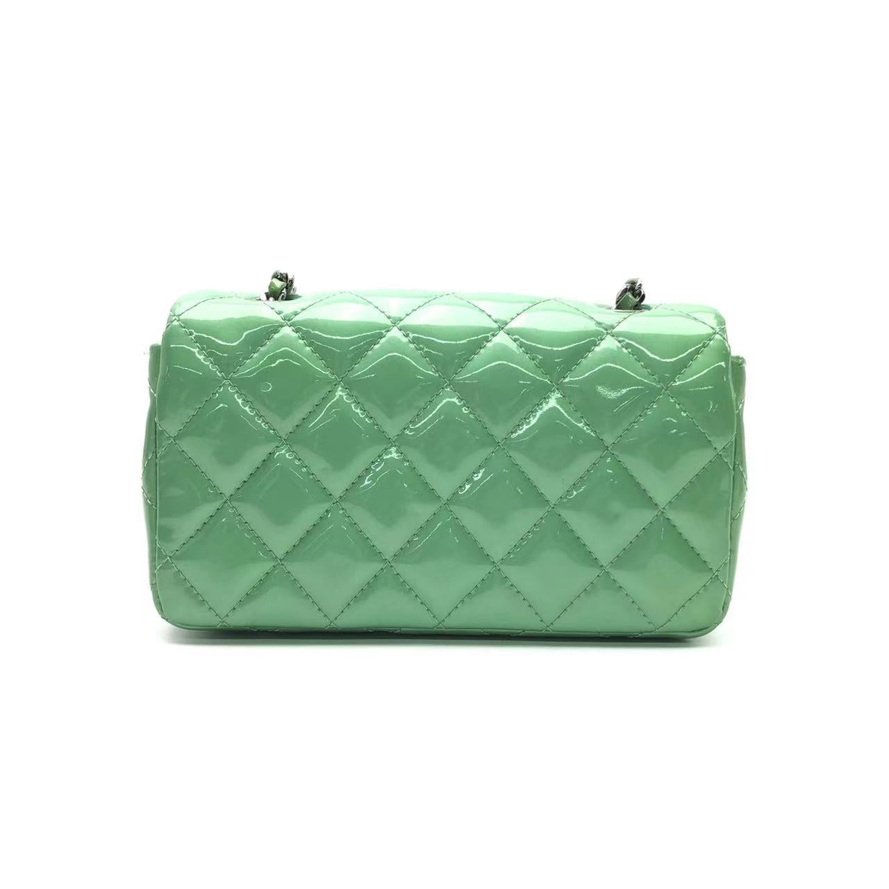 Chanel Classic Flap Super Patent Green Silver Leather Mini Bag