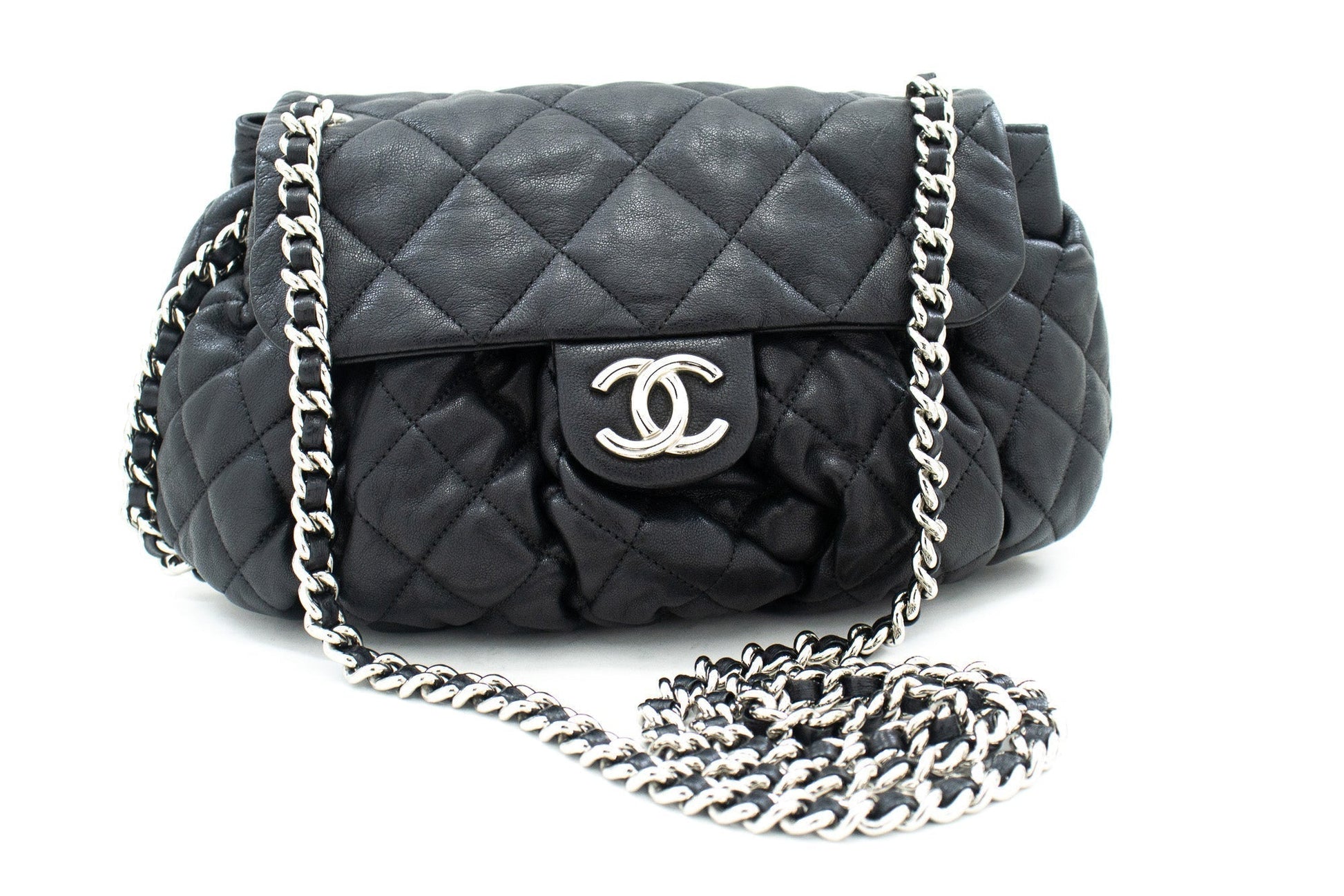 Chanel Chain Around Shoulder Bag Crossbody Black Calfskin Leather