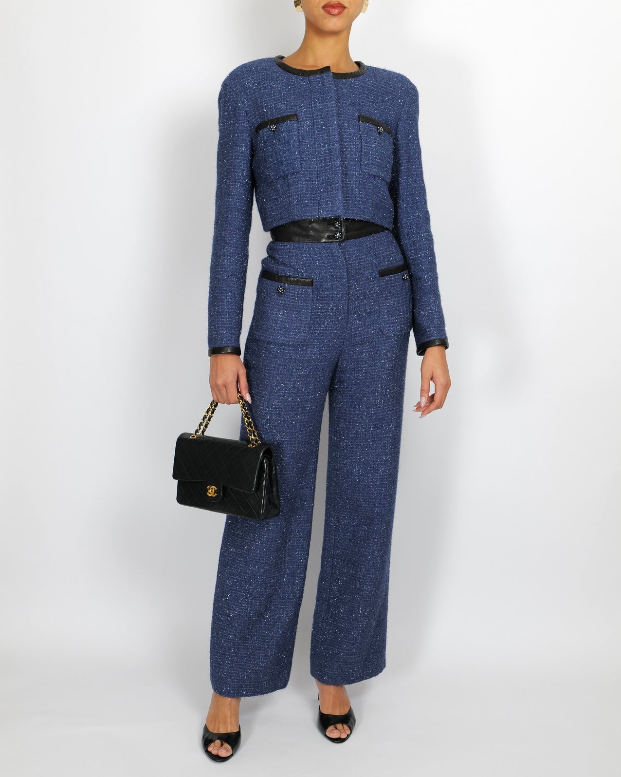 Chanel Cruise 2019 Blue Tweed Cropped Jacket and Tro rs Set with CC Logo Buttons and Black Leather Trims Size FR 36/38 (UK 8/10)