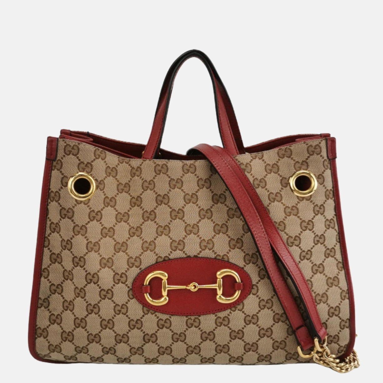 Gucci Horsebit Chain Red Monogram Leather Canvas Brown Tote Bag