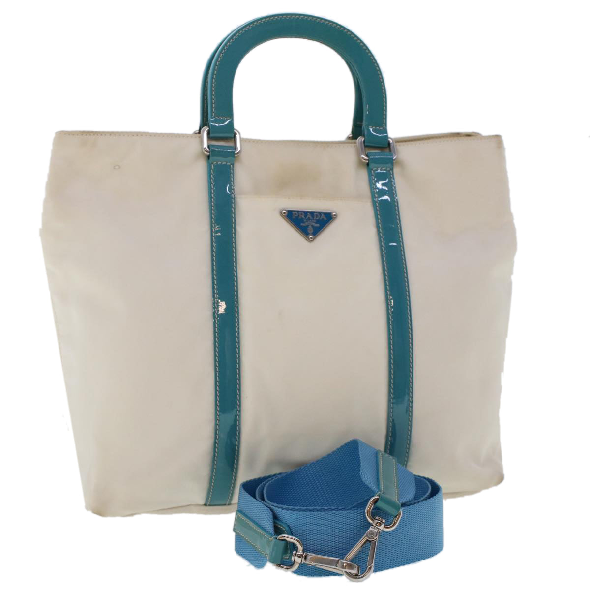 Prada Hand Bag 2Way Turquoise Nylon White Blue Travel Bag