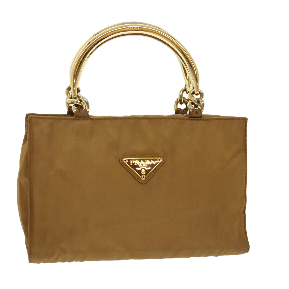 Prada Hand Bag Nylon Brown Chain Travel Bag