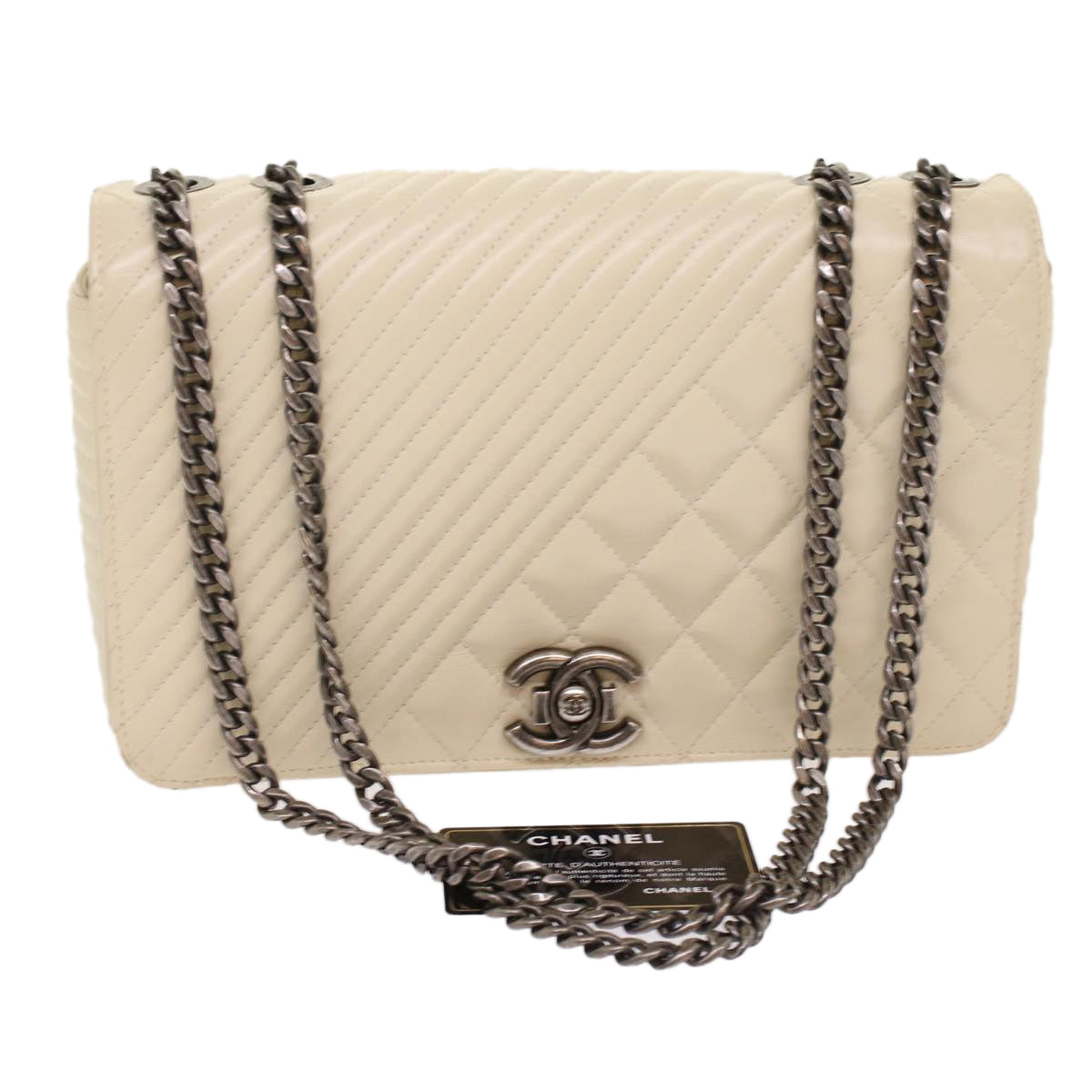 Chanel Chevron x Matelasse Chain Shoulder Bag Lamb Skin White CC Auth A