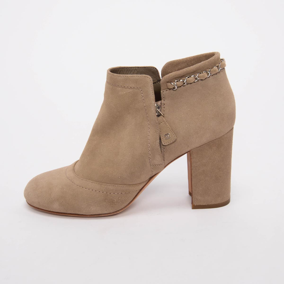 Chanel Beige Glitter Suede Cc Chain Detail Ankle Boots 41