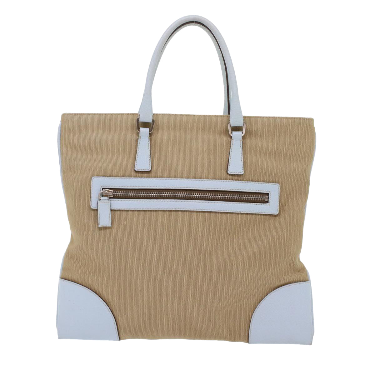 Prada Tote Bag Leather Canvas Beige