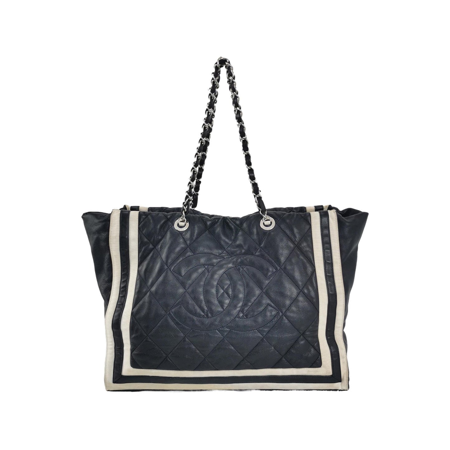 Chanel CC Shopping Cannage Lambskin Navy Stripes White Leather Tote Bag