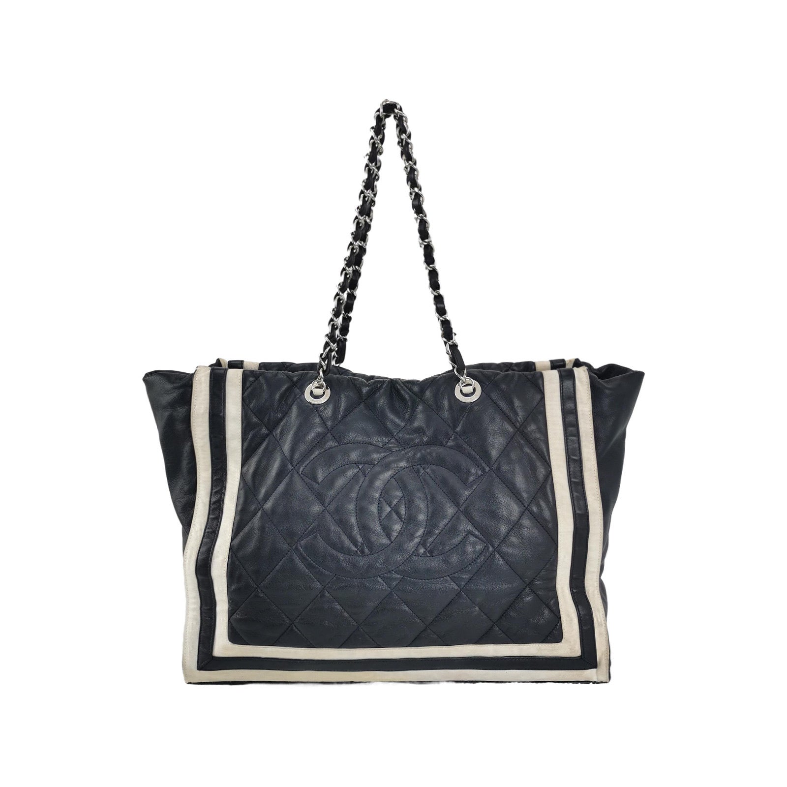 Chanel CC Shopping Cannage Lambskin Navy Stripes White Leather Tote Bag
