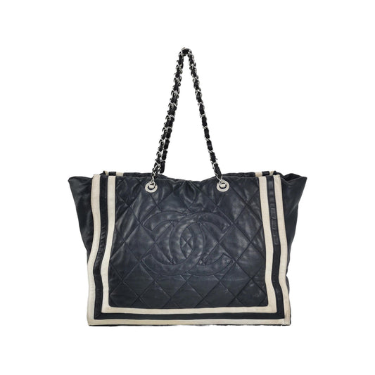 Chanel CC Shopping Cannage Lambskin Navy Stripes White Leather Tote Bag