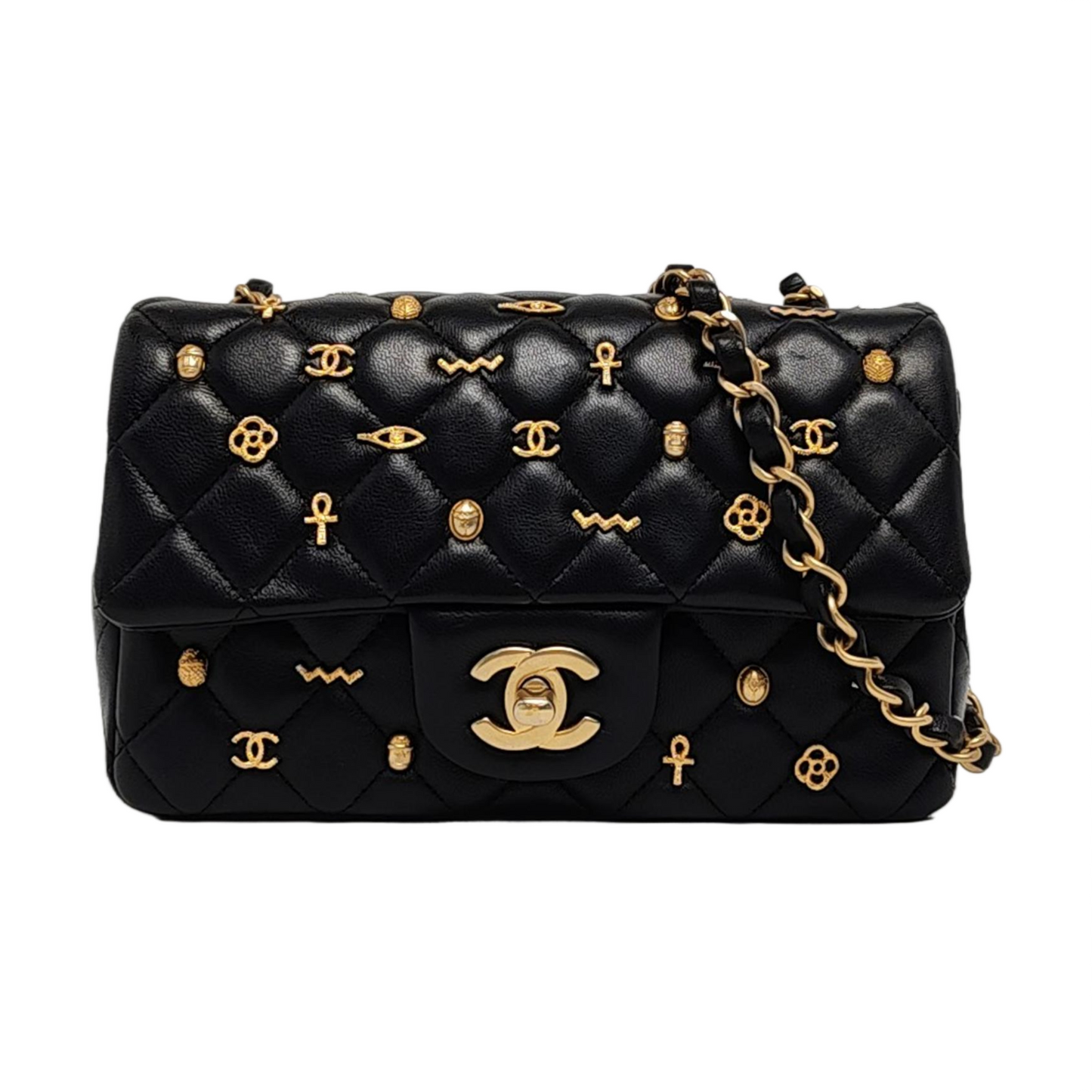 Chanel Classic Flap Egyptian Amulet Lambskin Hardware Black Gold Leather Shoes