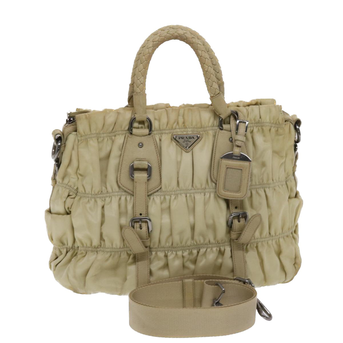 Prada Hand Bag 2Way Leather Nylon Beige Travel Bag