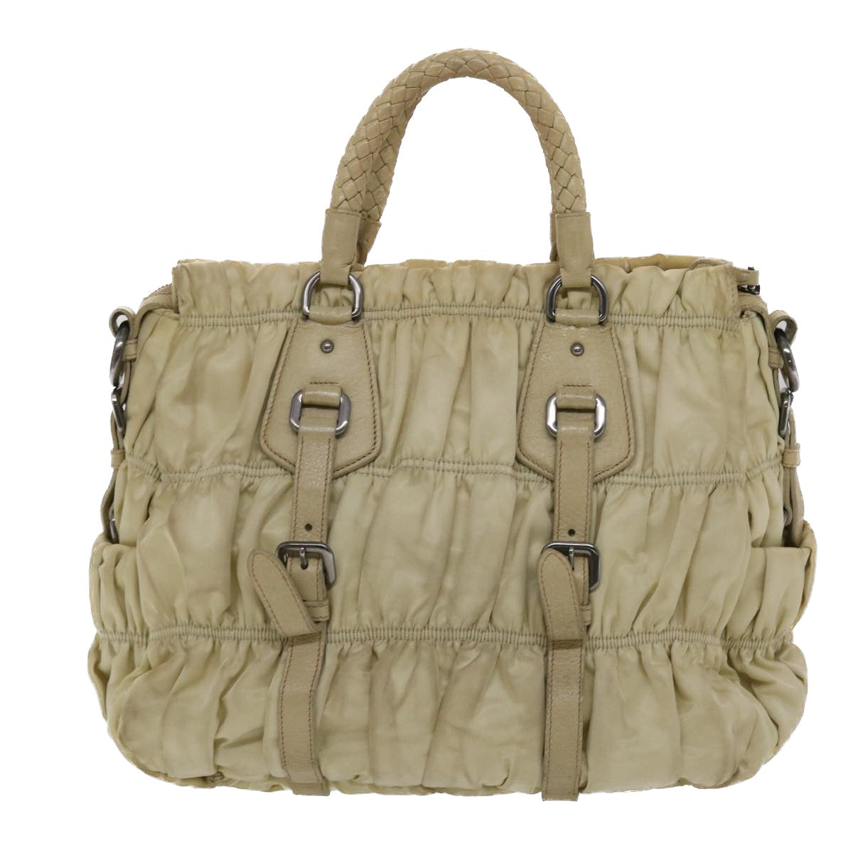 Prada Hand Bag 2Way Leather Nylon Beige Travel Bag