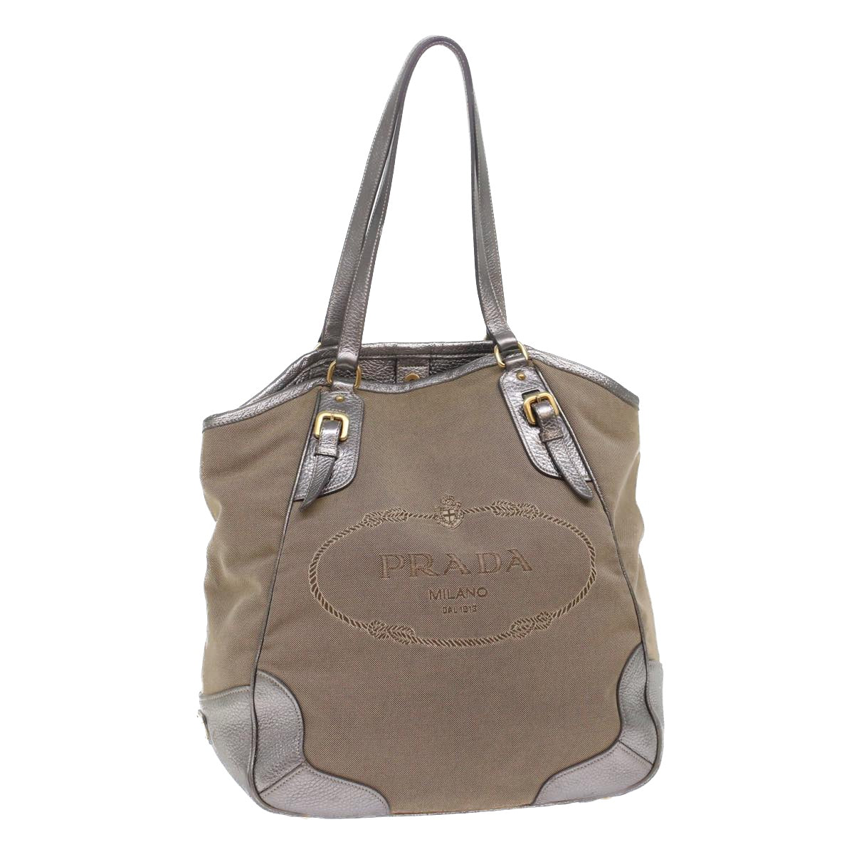 Prada Tote Bag Leather Canvas Beige Leather Beige 49595