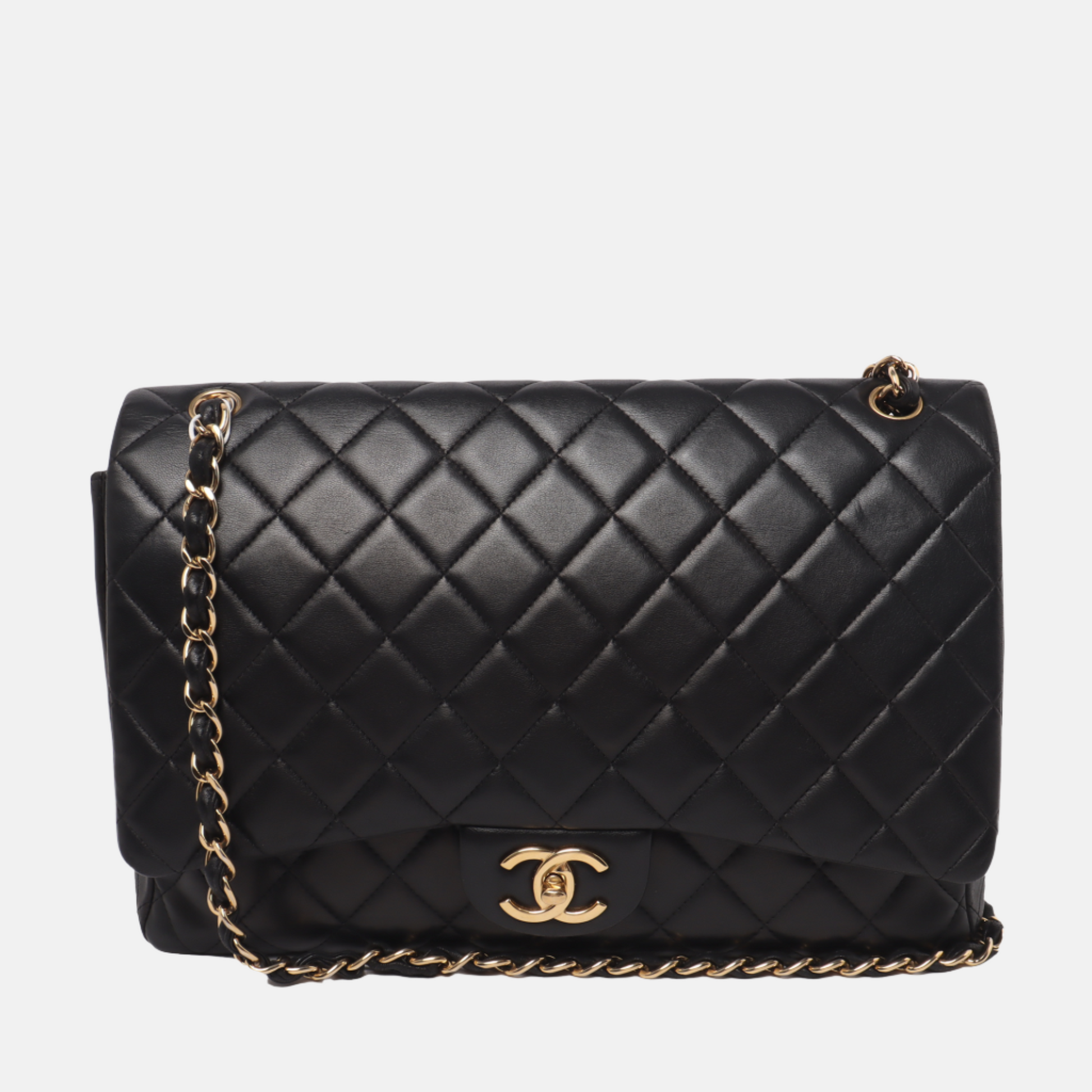 Chanel Classic Flap Maxi Lambskin Double Flap Black Gold Leather Handbag