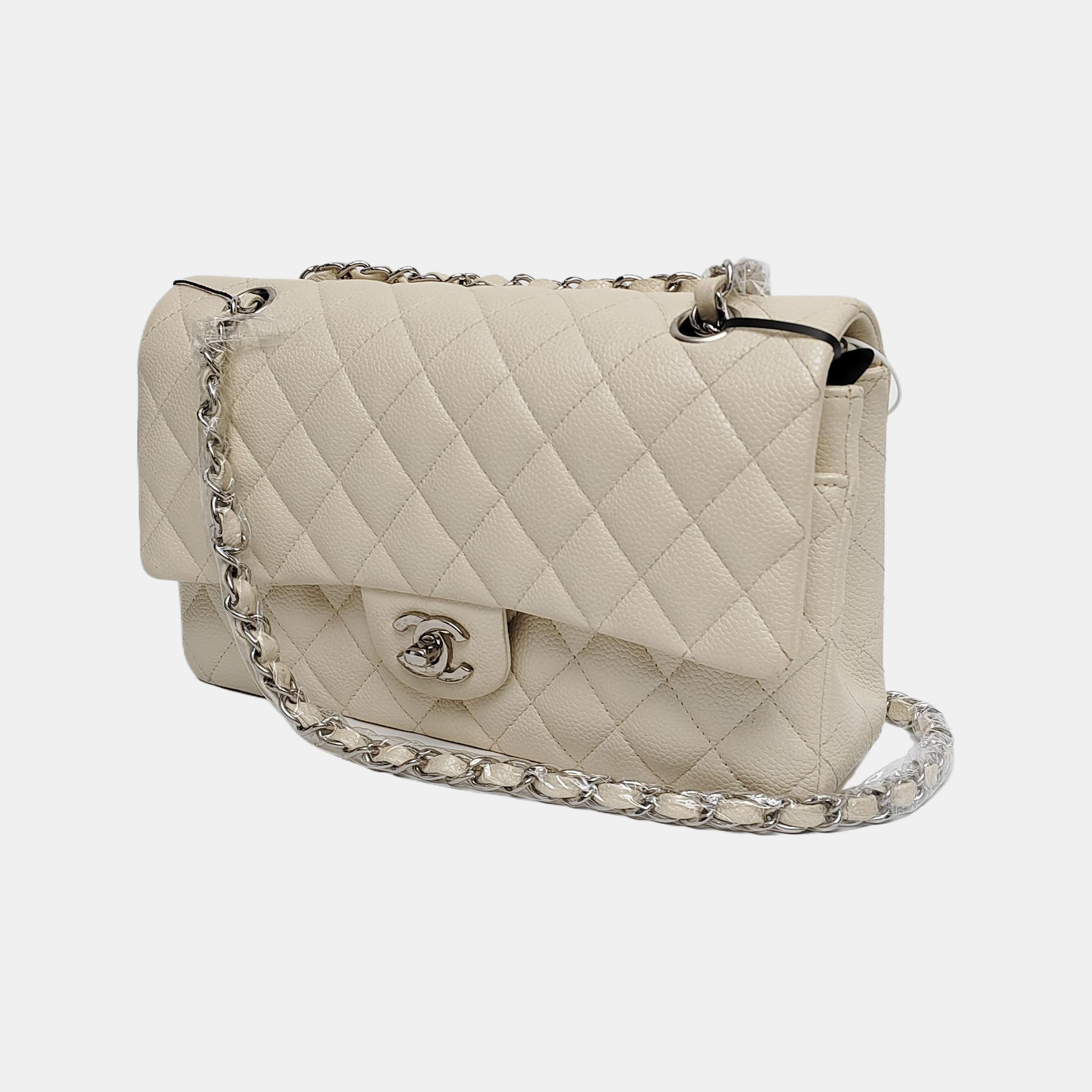 Chanel Classic Flap Caviar Hardware White Silver Leather Handbag