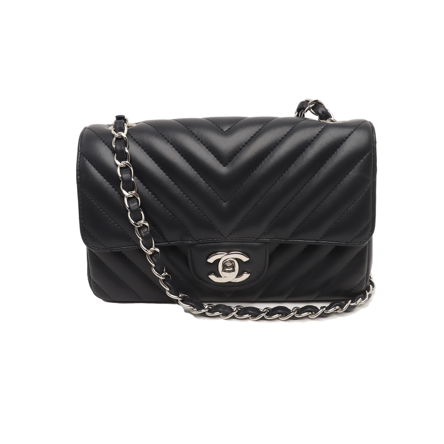 Chanel Classic Flap Chevron Quilted Lambskin Hardware Black Silver Mini Bag