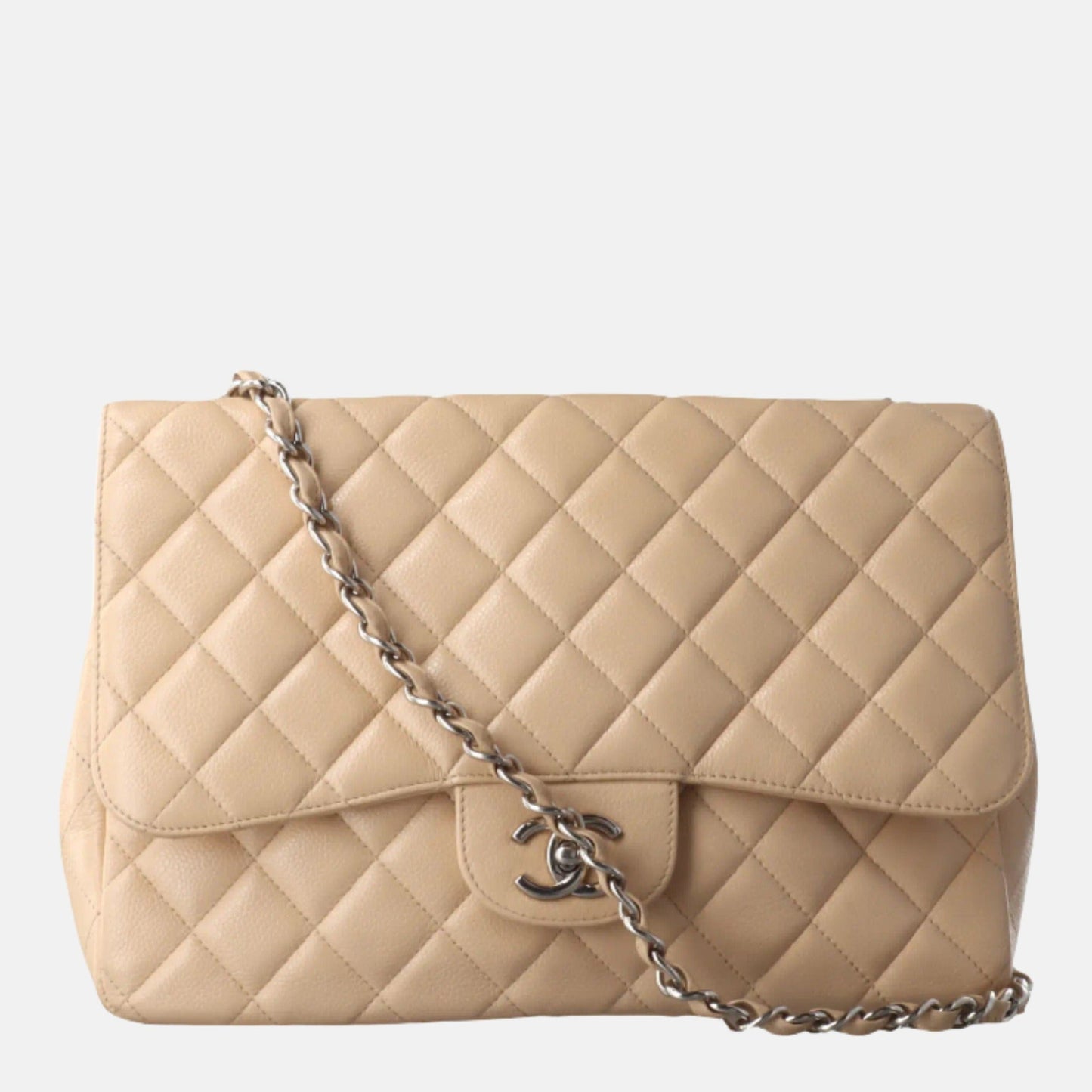 Chanel Classic Flap Jumbo Caviar Single Flap Silver Beige Leather Handbag