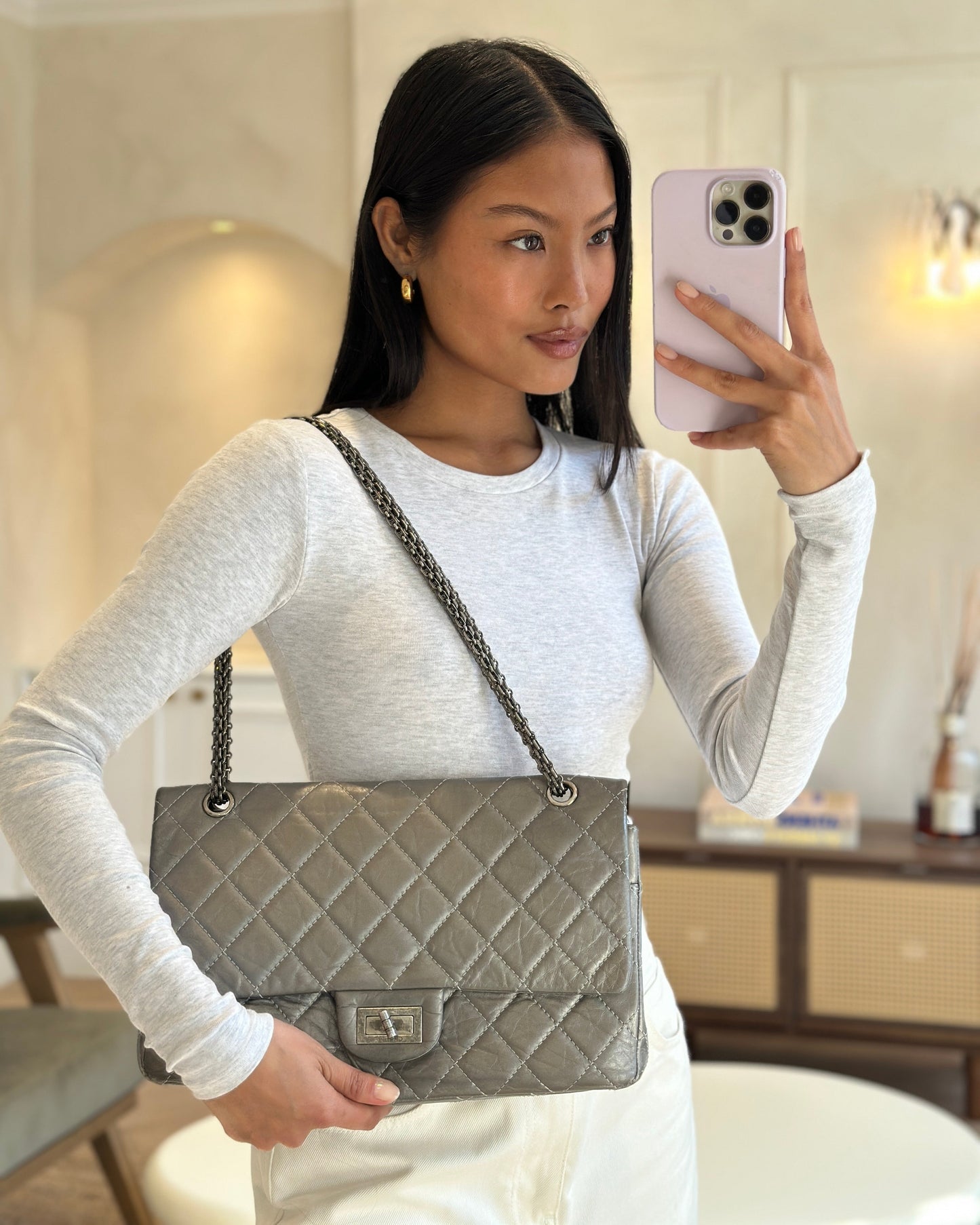Chanel *Fire Price* 2.55 Jumbo Reissue Bag In Metallic Grey Crumpled Calfskin Leather With Gunmetal Hardware