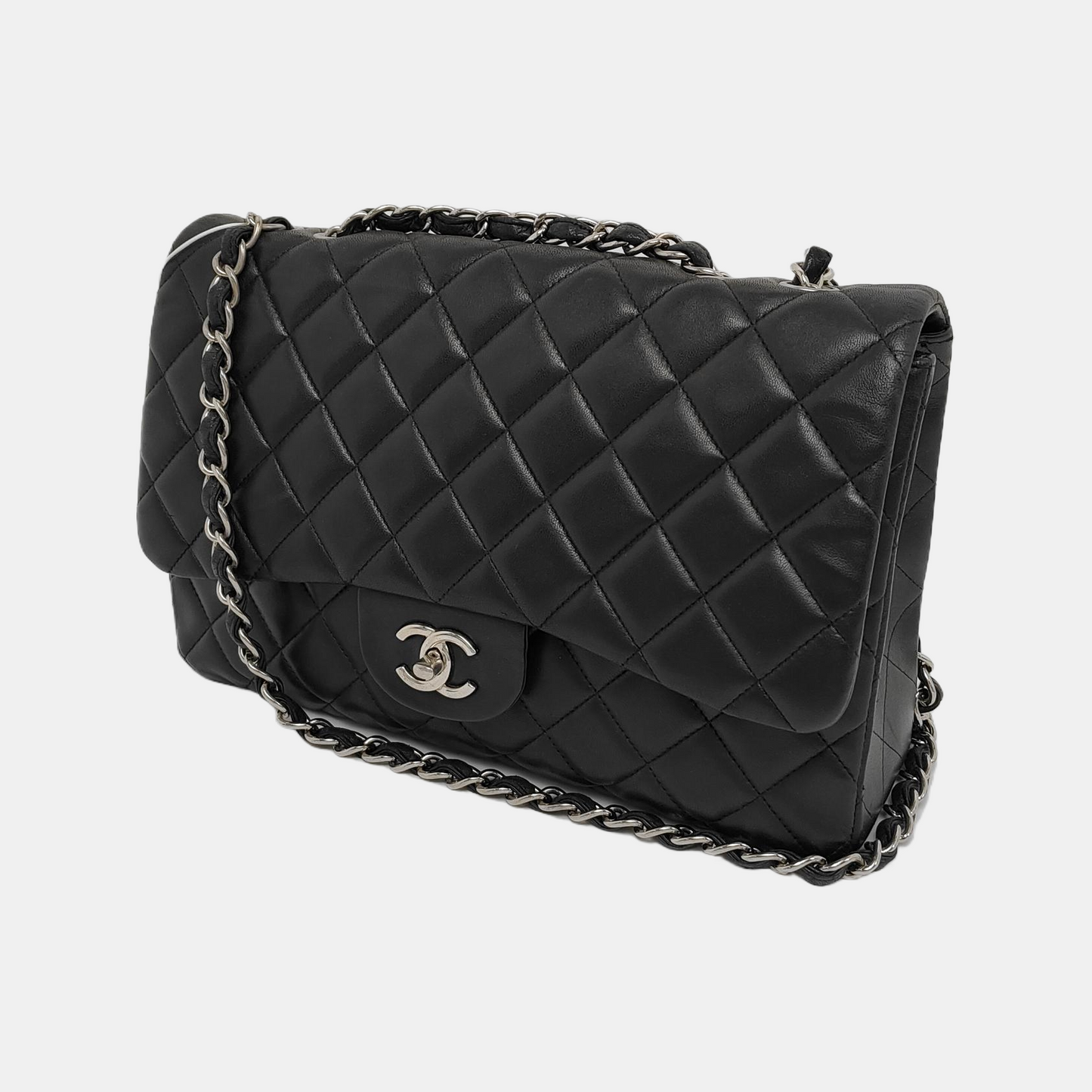 Chanel Classic Flap Jumbo Lambskin Single Flap Black Silver Leather Handbag