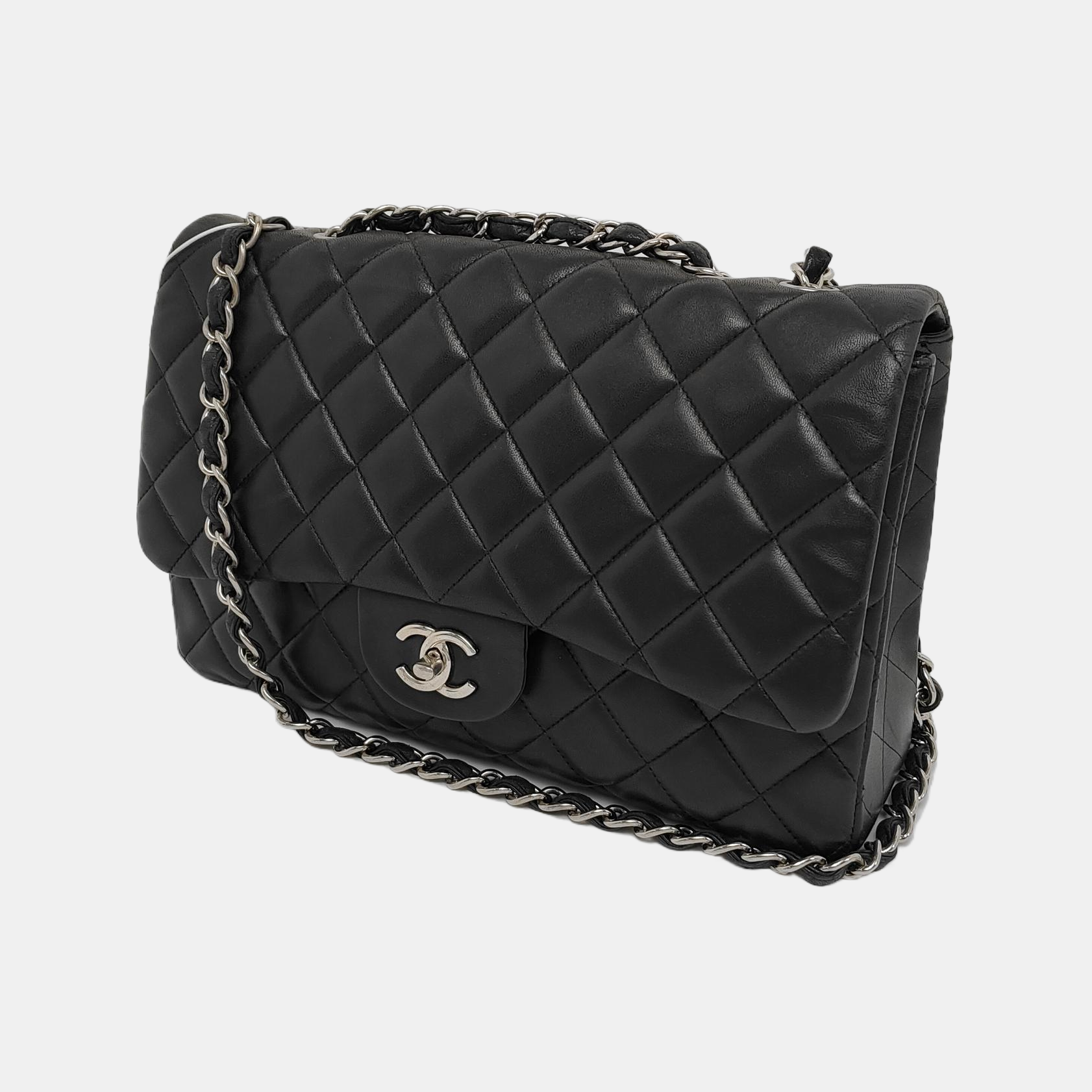 Chanel Classic Flap Jumbo Lambskin Single Flap Black Silver Leather Handbag