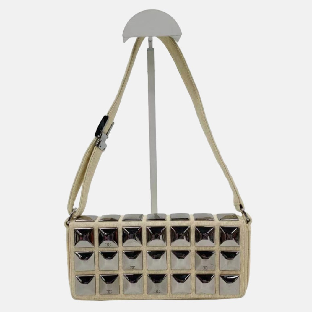 Chanel Jersey Evening ed Pyramid Studs Ice Ivory Canvas Shoulder Bag