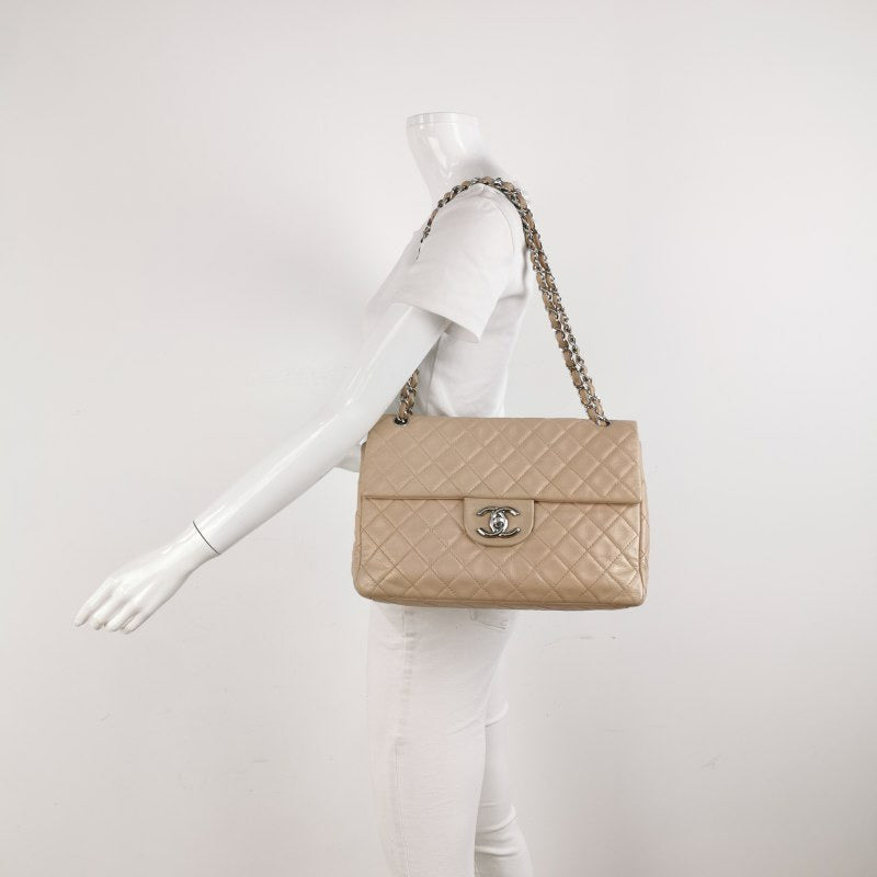 Chanel Classic Flap Maxi Lambskin Giant Siver-tone Beige Leather Handbag