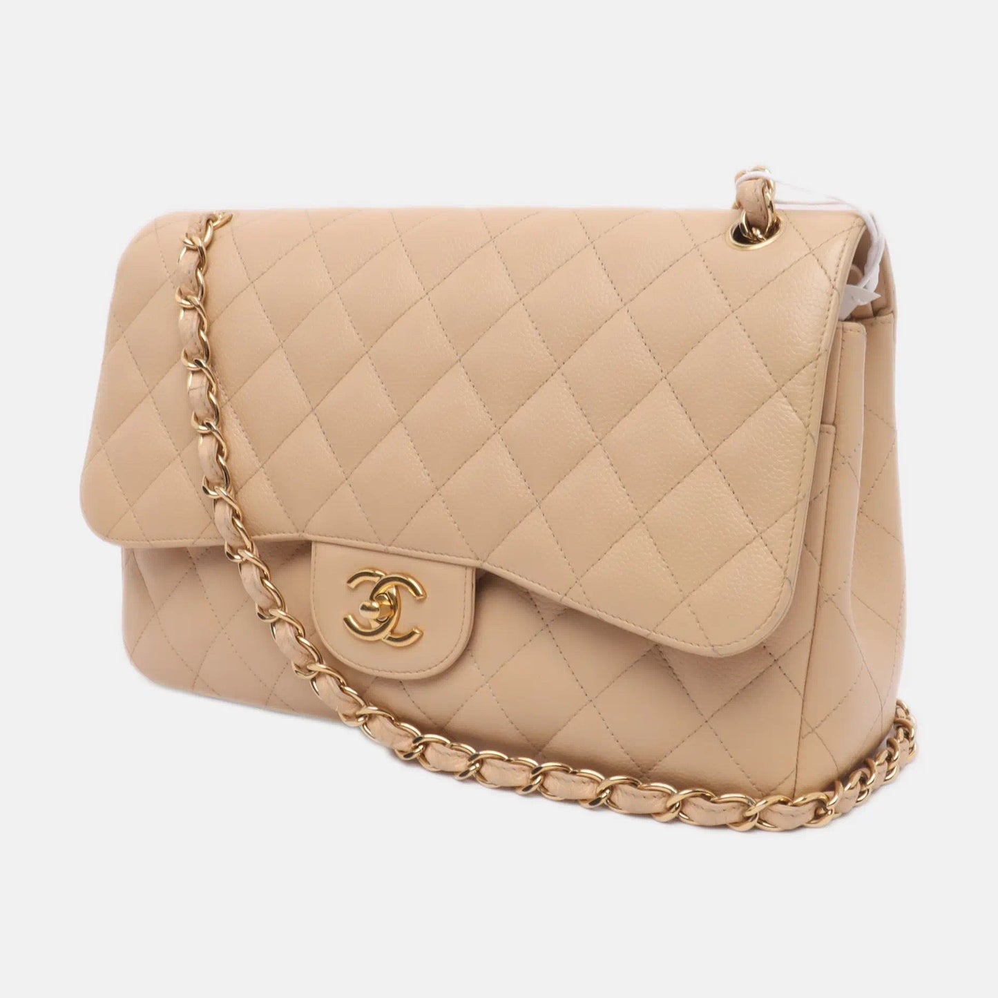 Chanel Classic Flap Jumbo Caviar Doublr Flap Gold Beige Leather Handbag