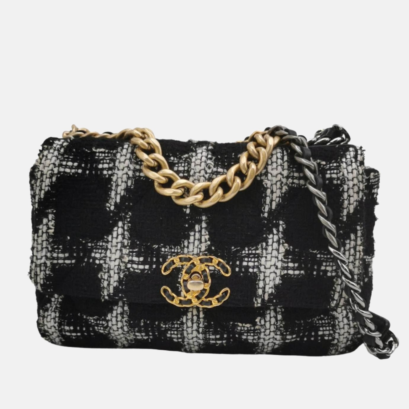 Chanel 19 Checkered Tweed Black White Small Handbag