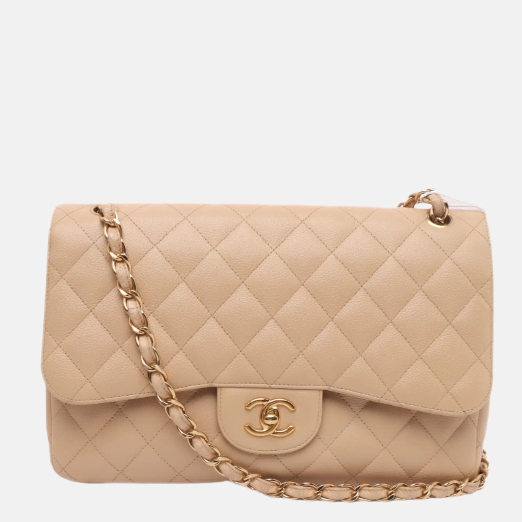Chanel Classic Flap Jumbo Caviar Doublr Flap Gold Beige Leather Handbag