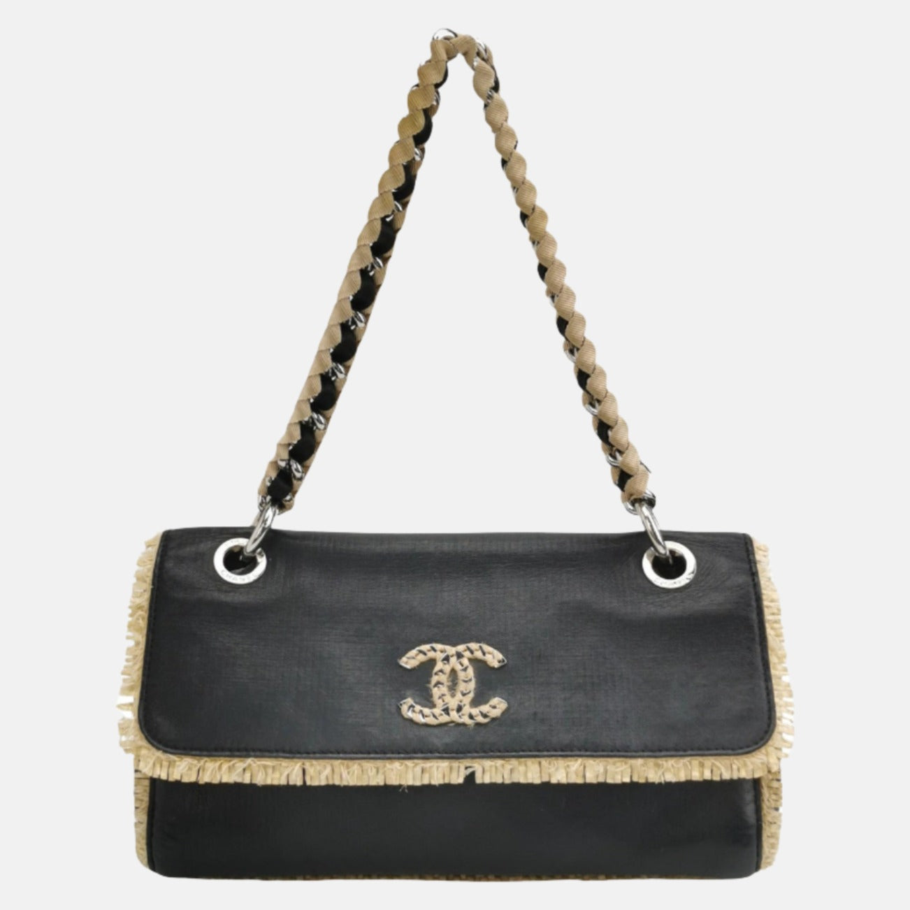 Chanel Classic Flap Straw Black Leather Shoulder Bag