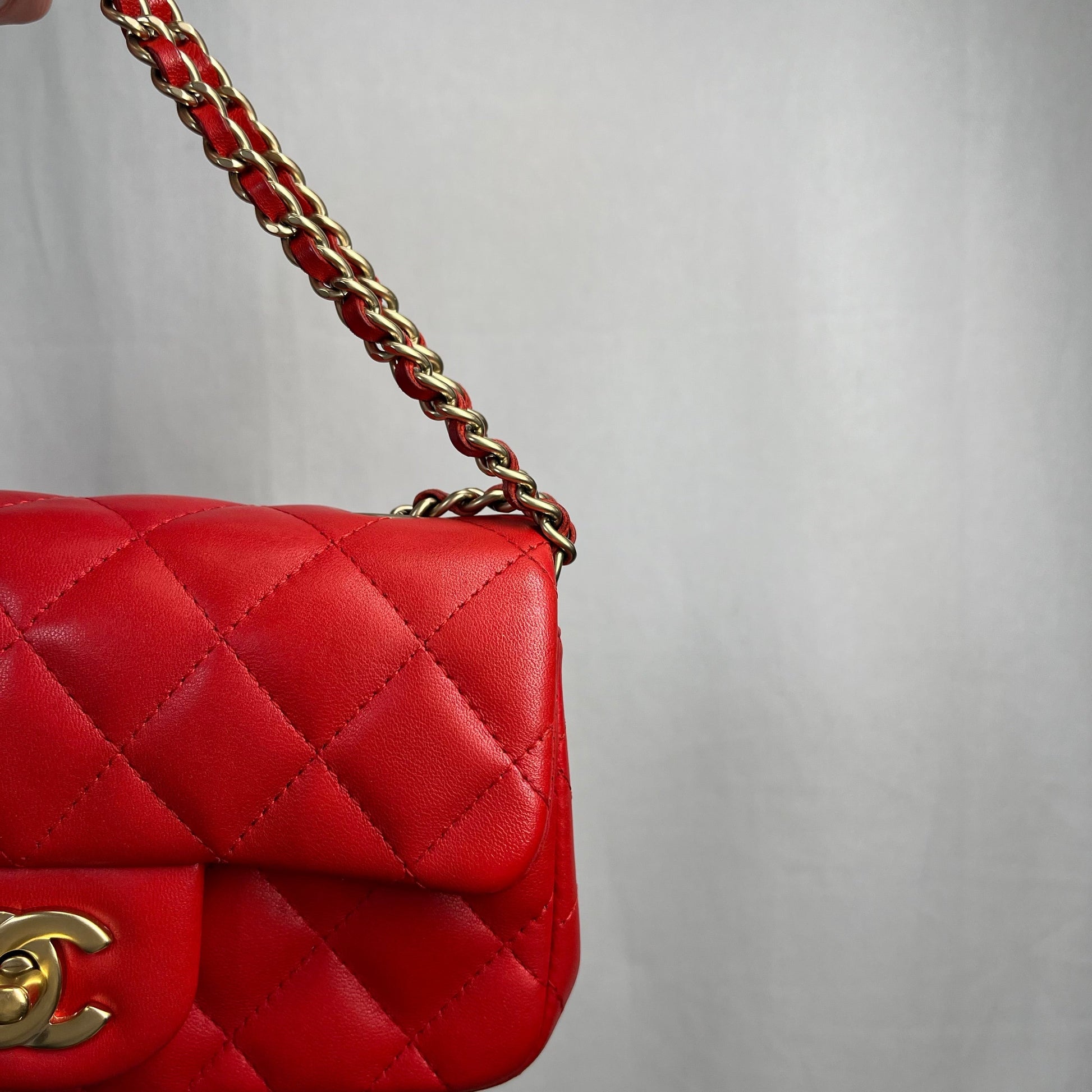 Chanel Red Lambskin Mini Rectangle Shoulder Bag