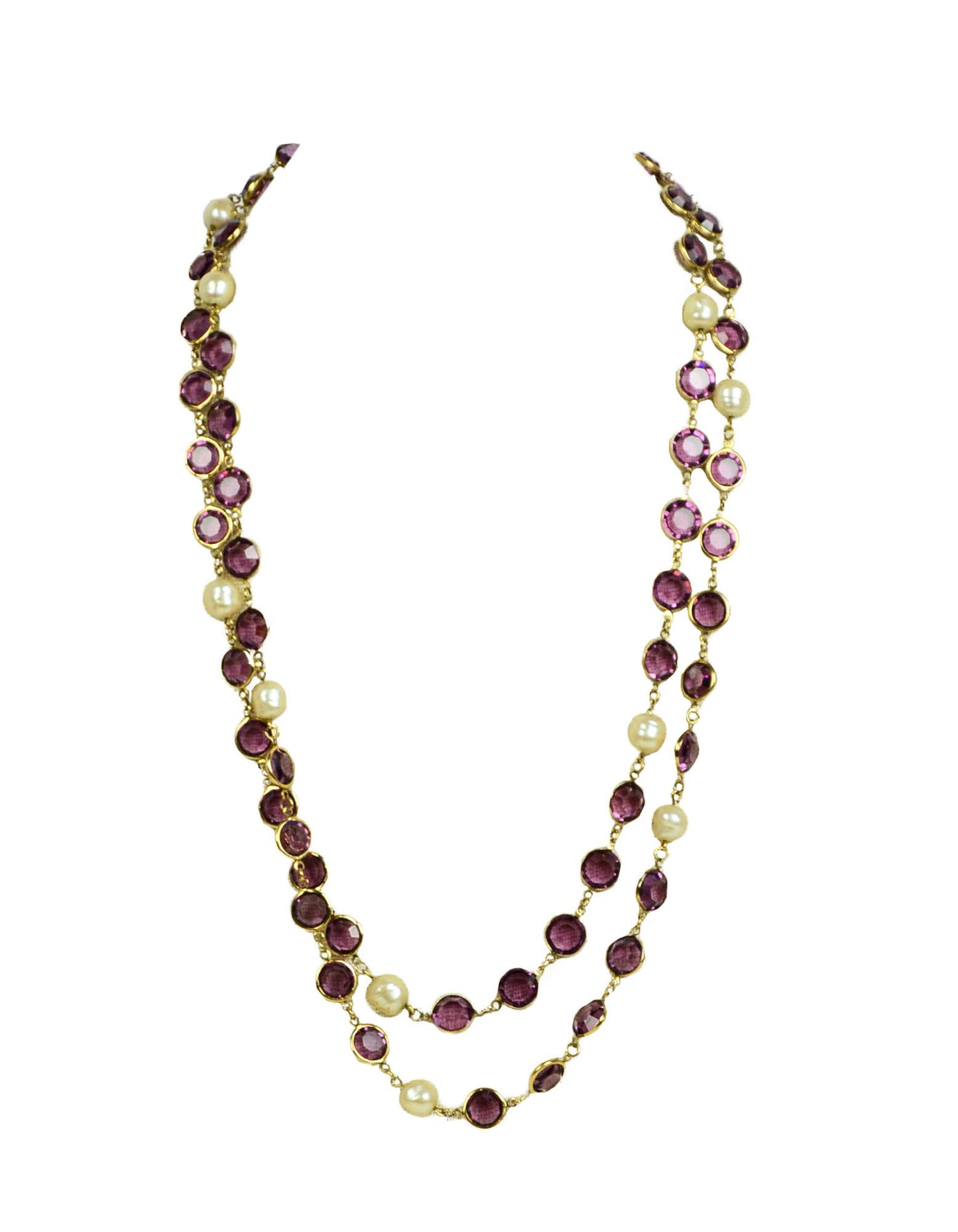 Chanel 1981 Faux Pearl & Purple Crystal Sautoir 54" Necklace