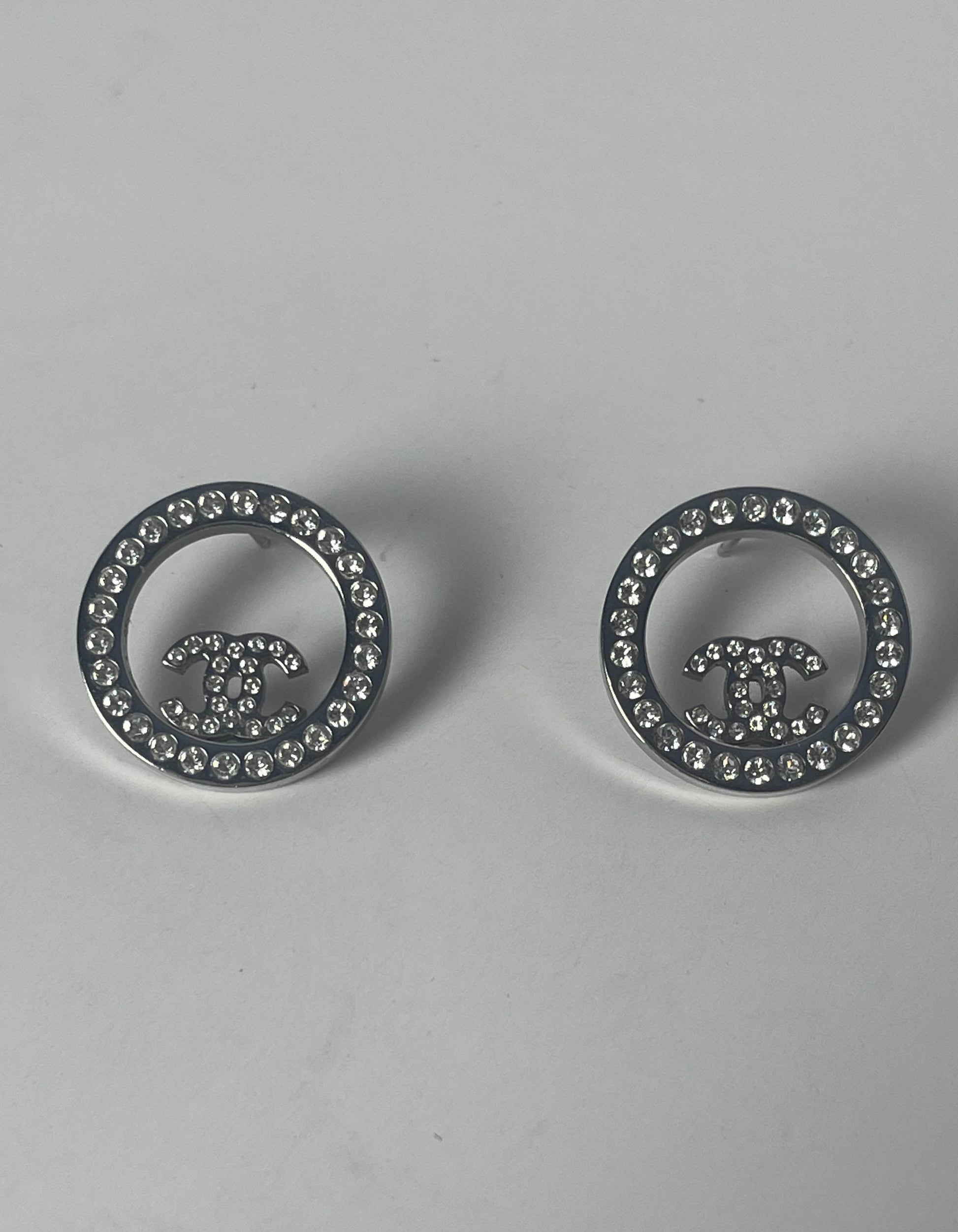 Chanel Silver Crystal Round CC Pierced Earrings