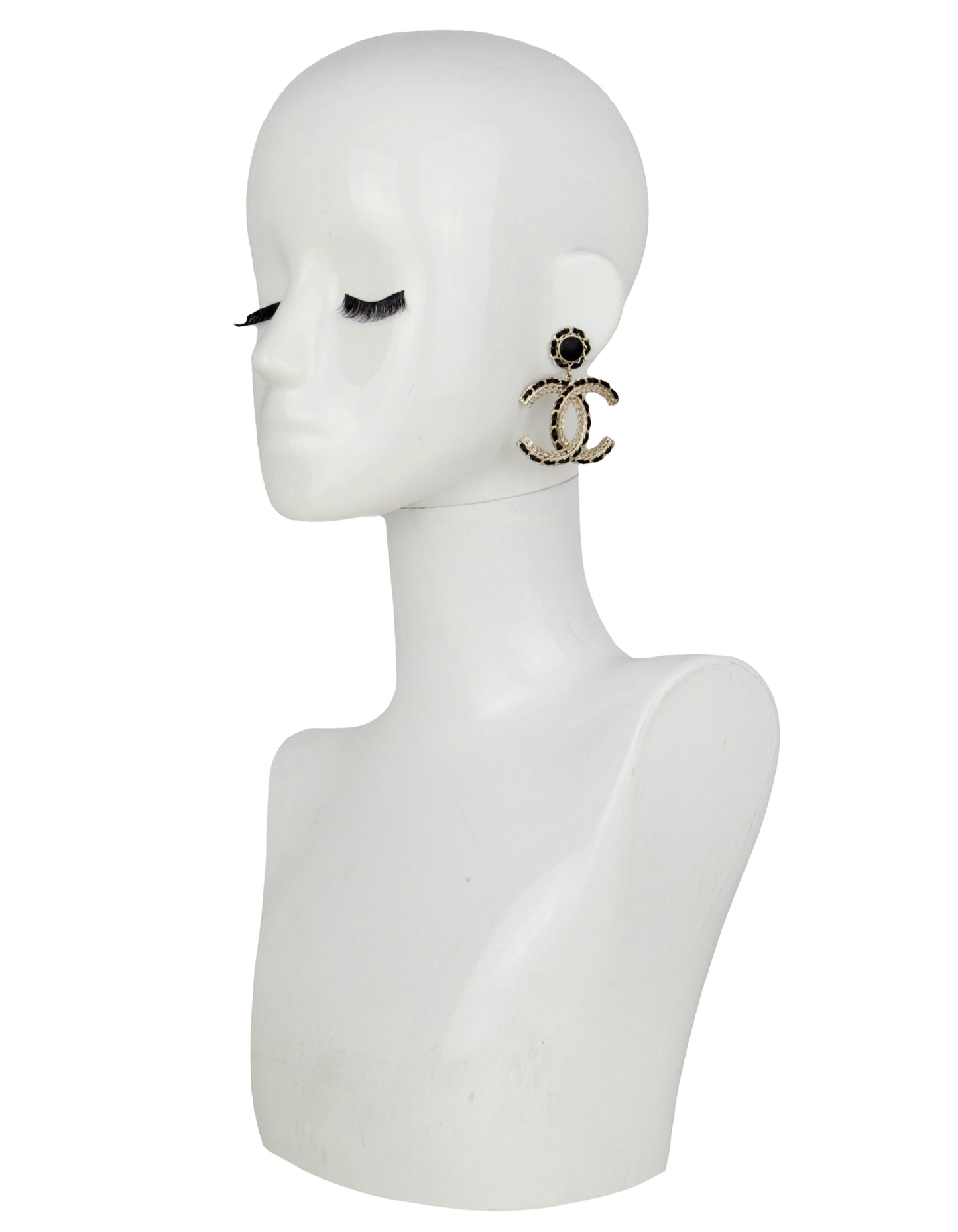 Chanel Gold/Black Leather Large Hanging Cc Earrings