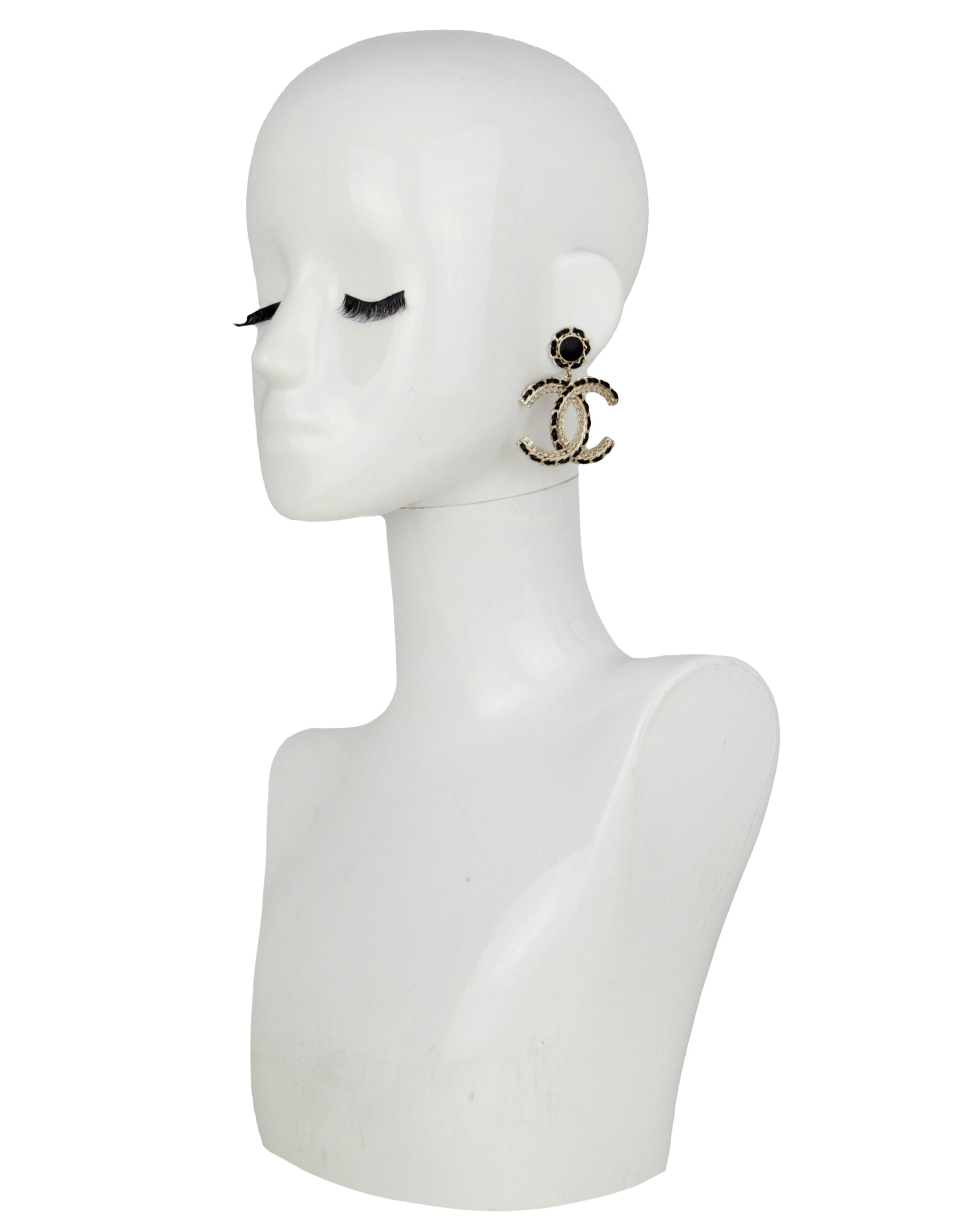 Chanel Gold/Black Leather Large Hanging Cc Earrings