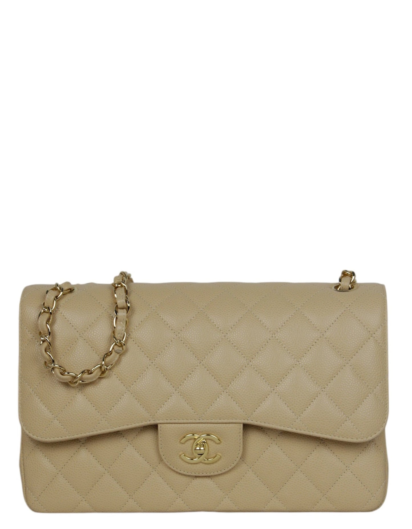 Chanel Beige Caviar Leather Double Flap Jumbo Women Shoes