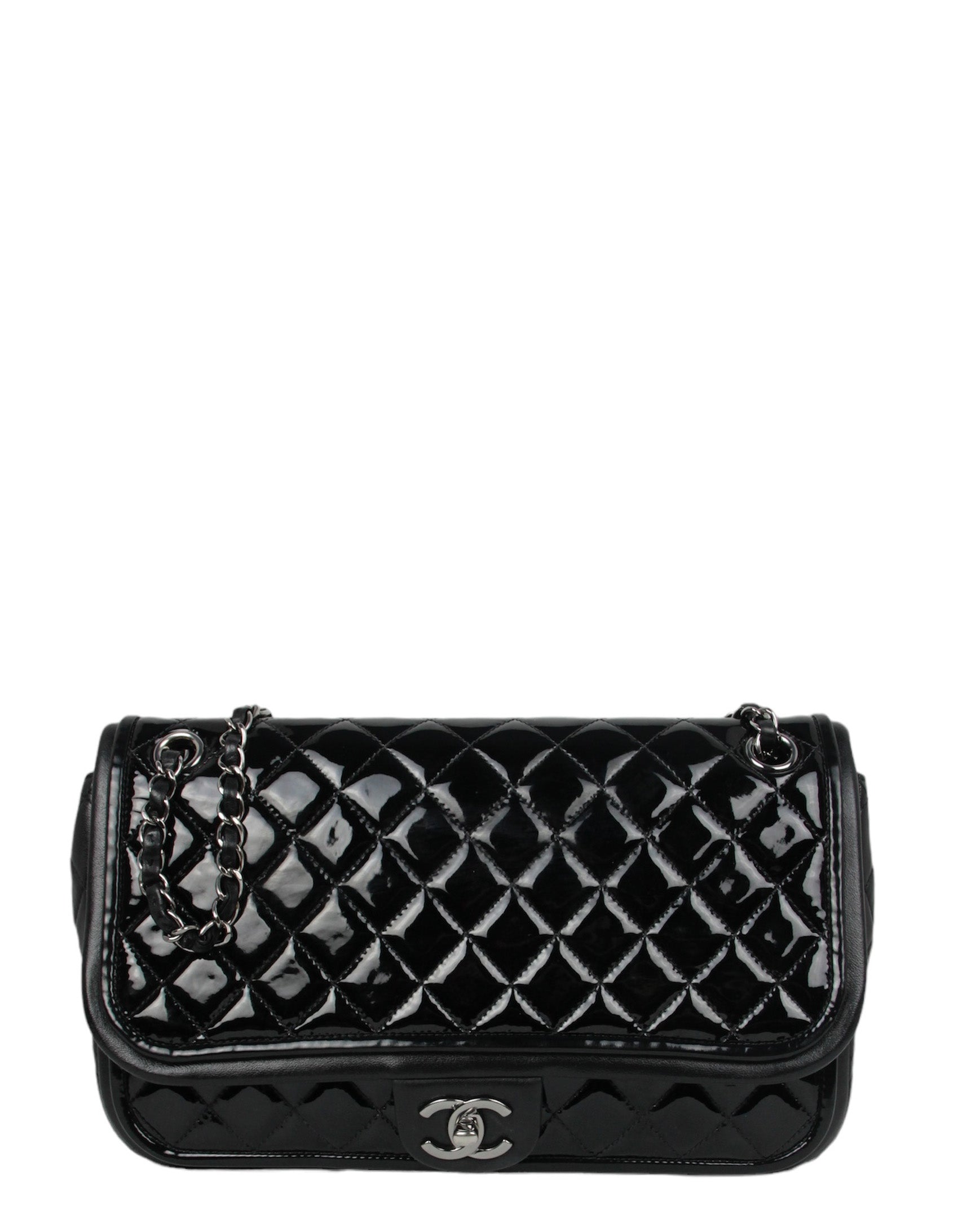 Chanel Black Classic Twist Patent Flap W/ Lambskin Trim Women Shoes