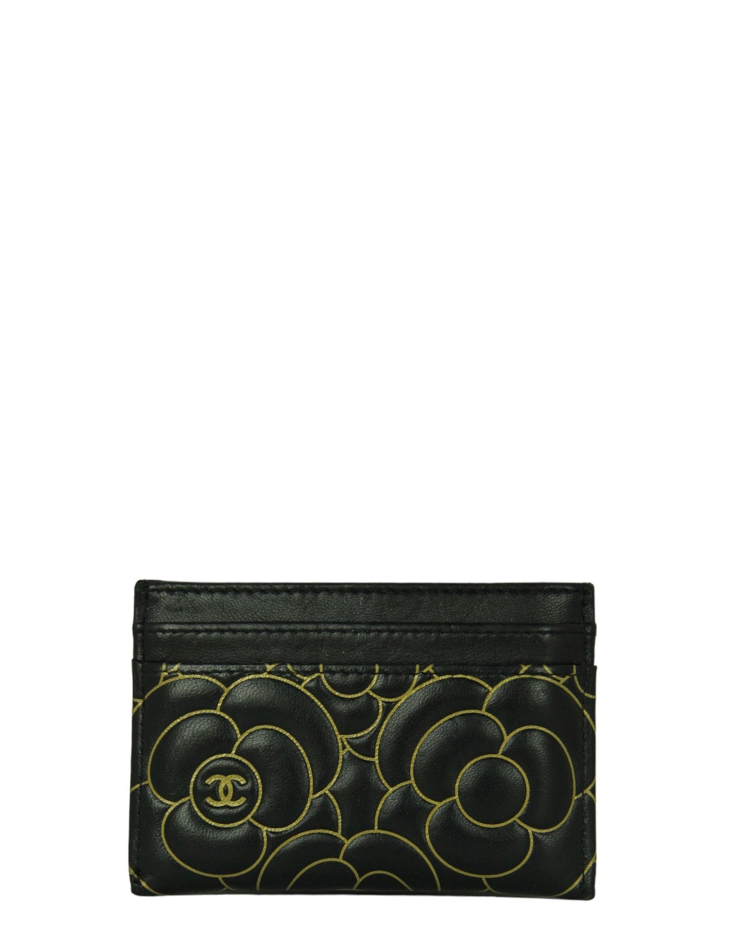 Chanel Black Goatskin Camellia Embossed Card Holder Handbag