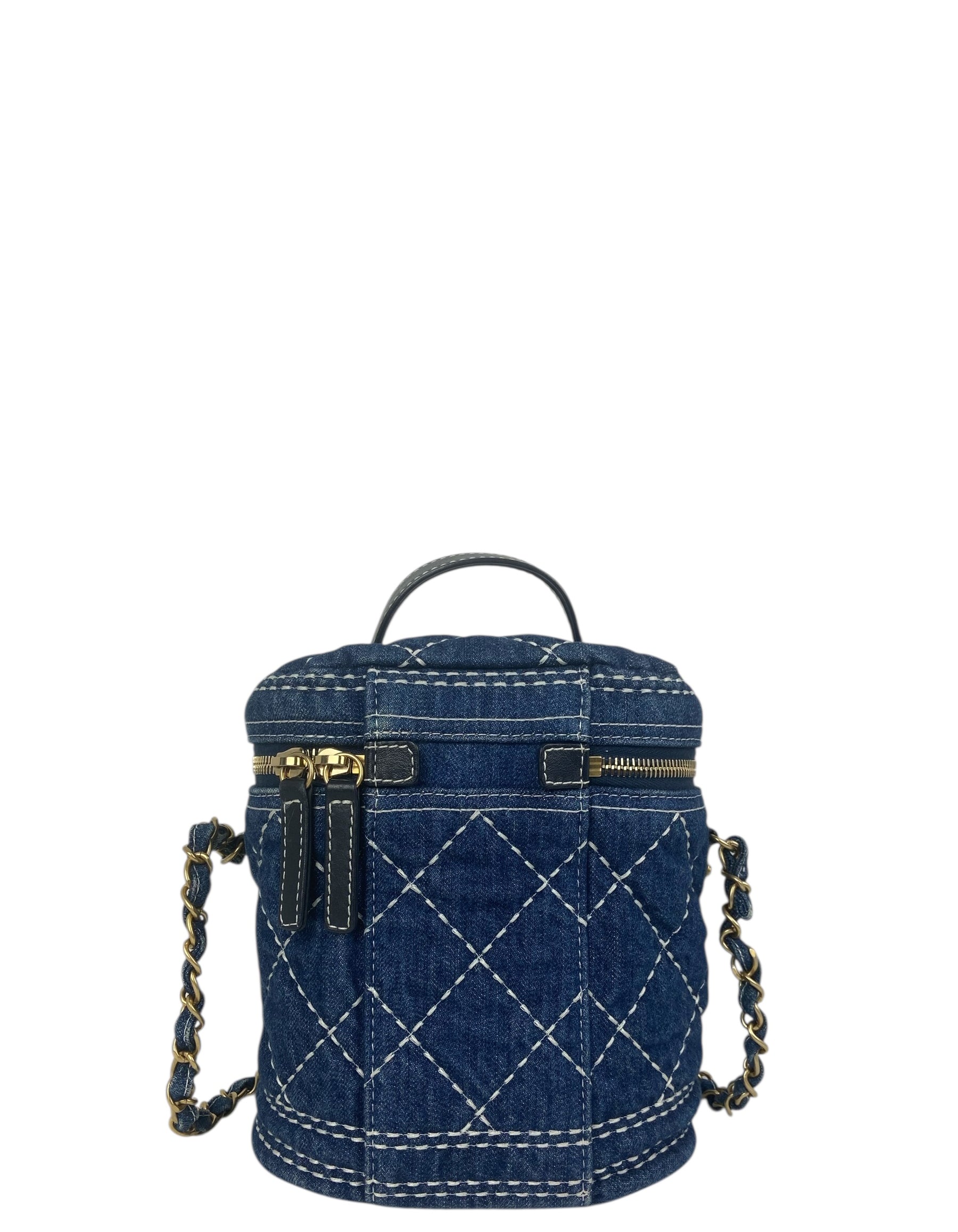 Chanel Denim Quilted CC Vanity Case W/ Strap Handbag
