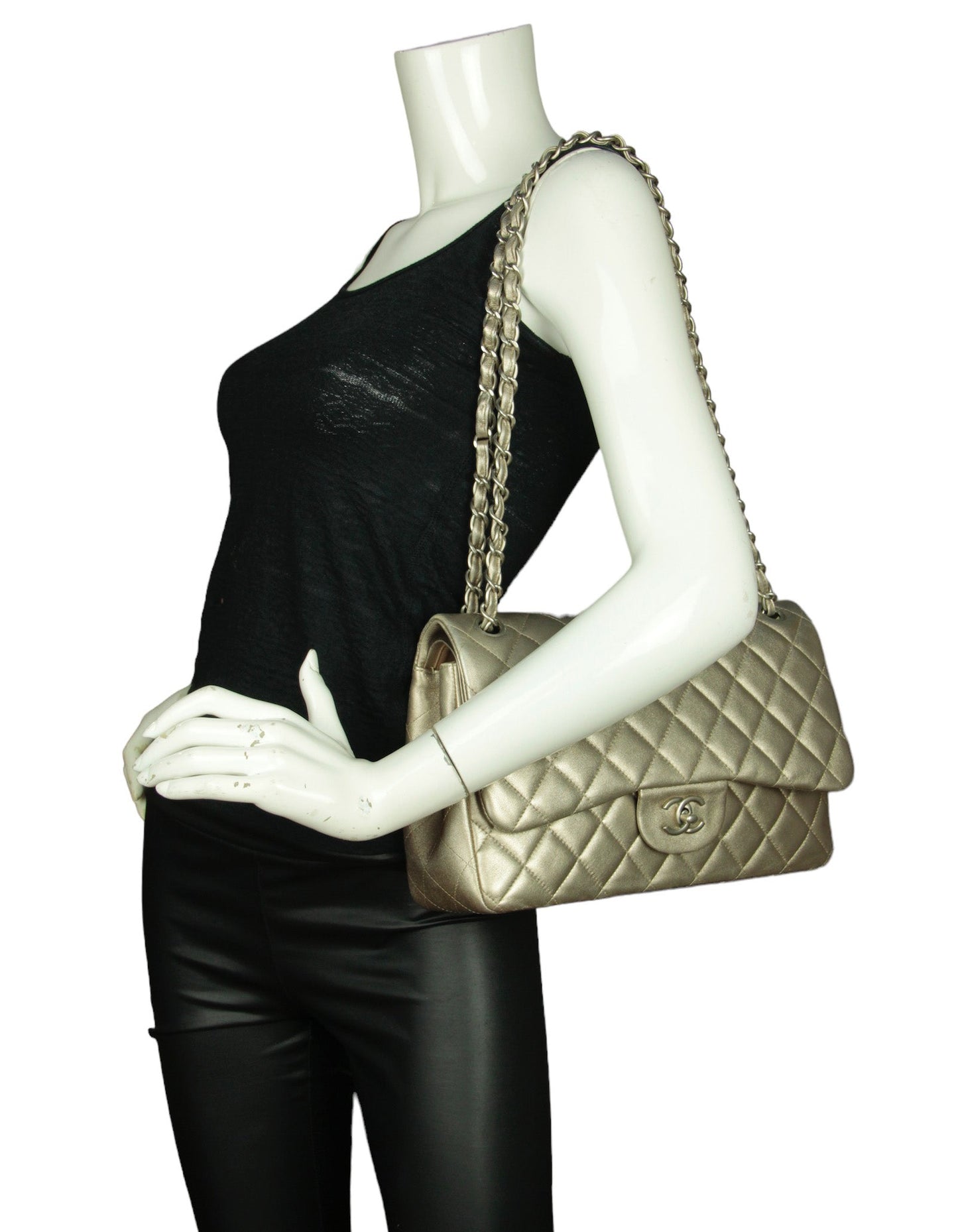 Chanel Gold Lambskin Double Flap Jumbo Women Shoes