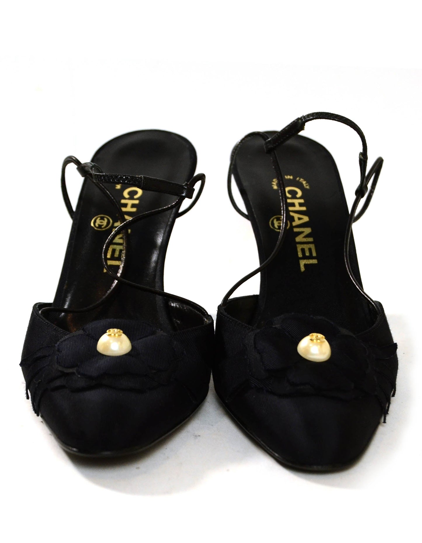 Chanel Black Grosgain Slingbacks with CC Pearl Camellia Sz 37.5 Women Shoes