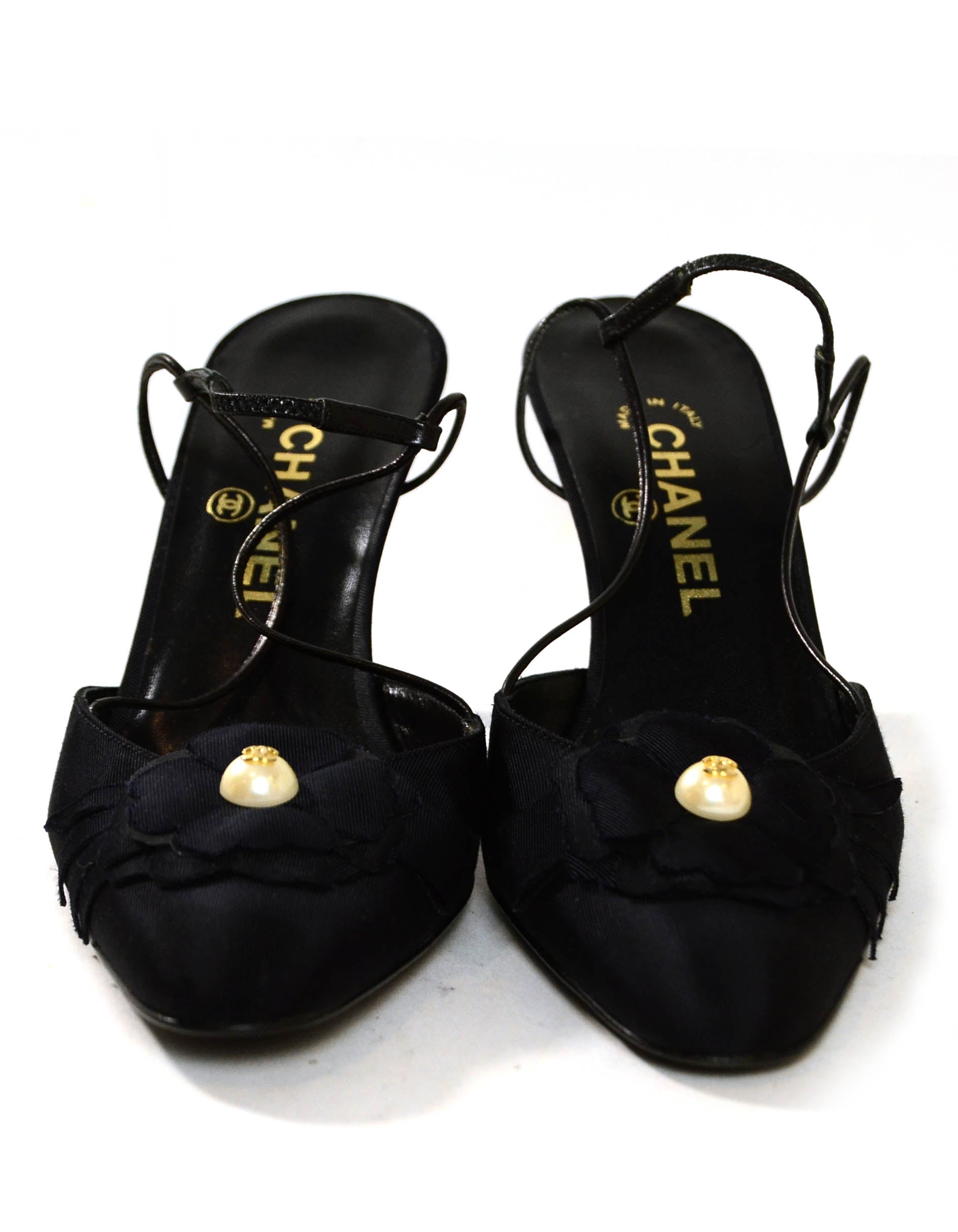 Chanel Black Grosgain Slingbacks with CC Pearl Camellia Sz 37.5 Women Shoes