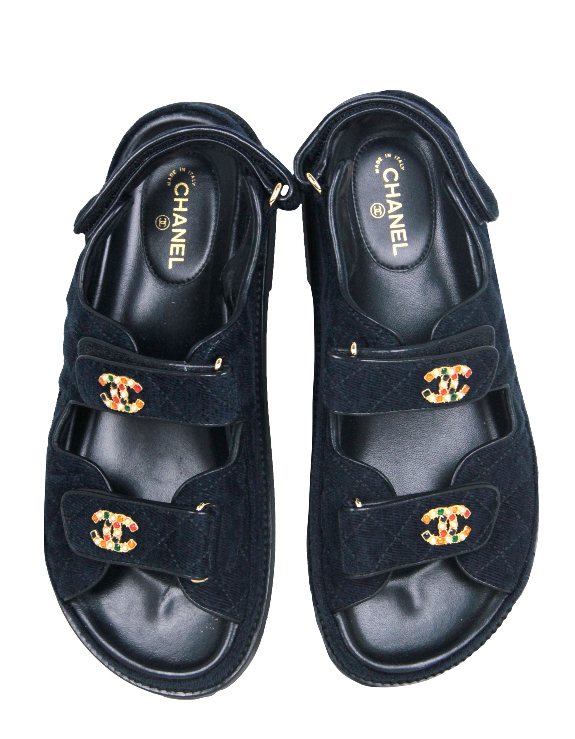 Chanel Navy Blue Velvet Velcro Dad Sandals Sz 38
