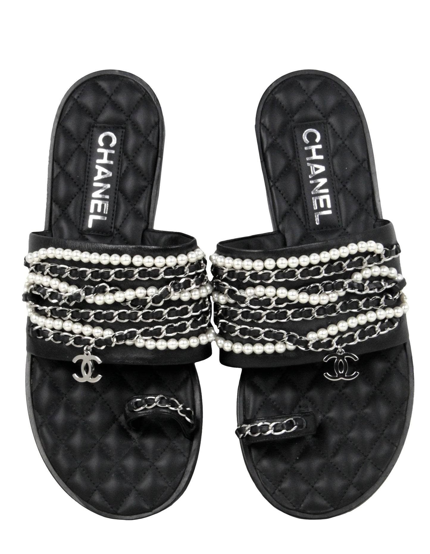 Chanel Pearl and Leather Laced Chain Sandals sz 39C