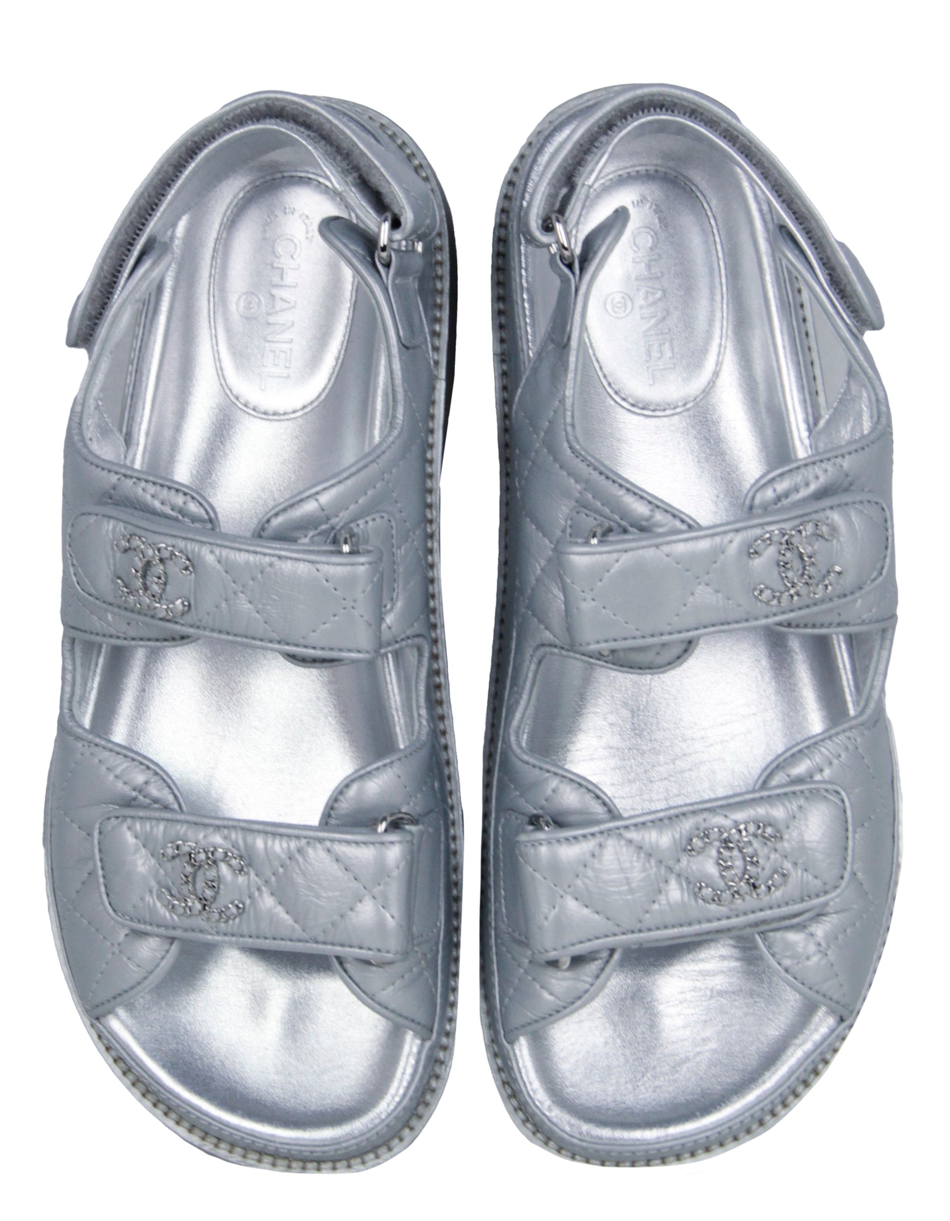 Chanel Silver Quilted Leather Velcro Dad Sandals Sz 38 for Women