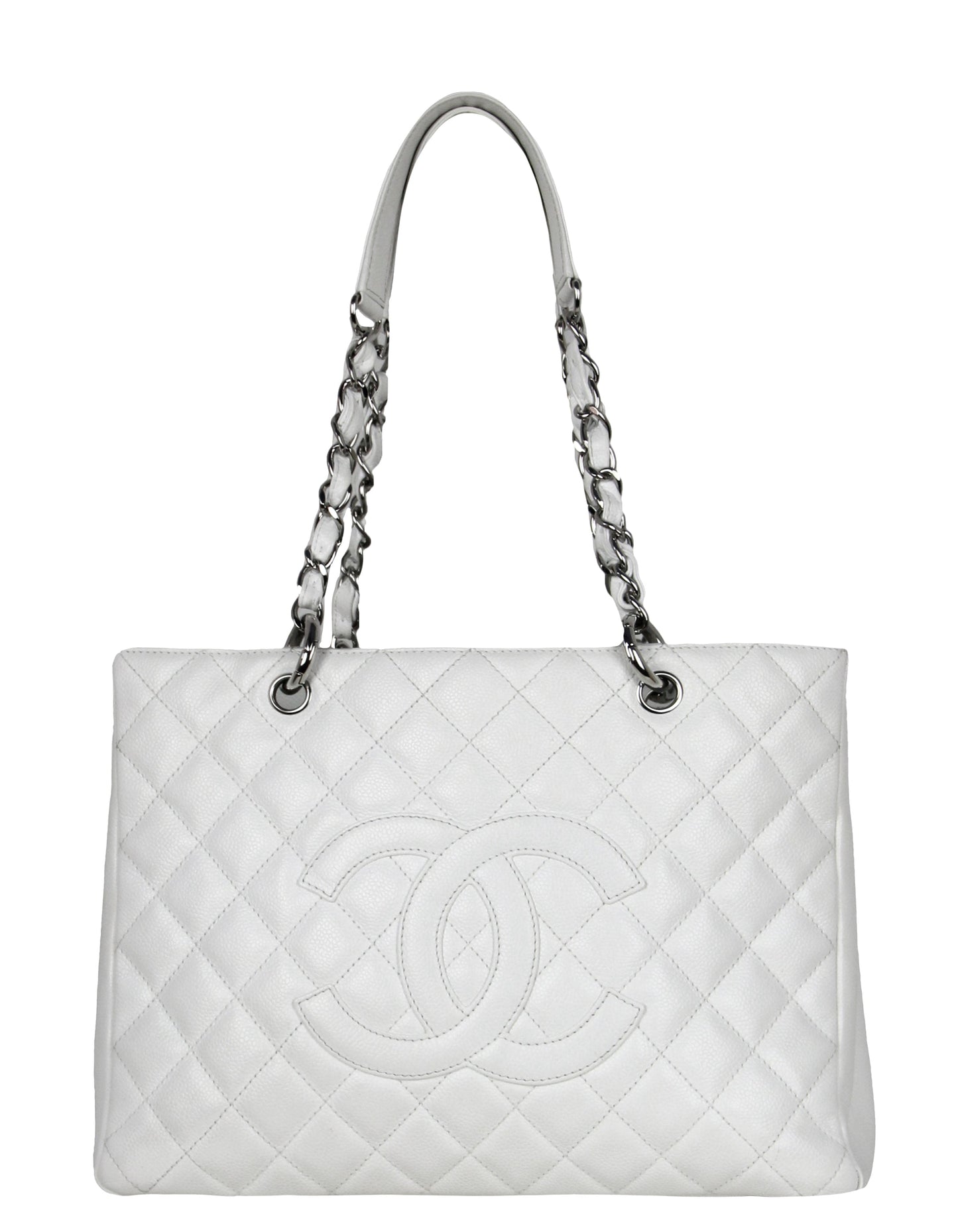 Chanel White Caviar Leather Quilted Grand Shopper Gst Women Shoes
