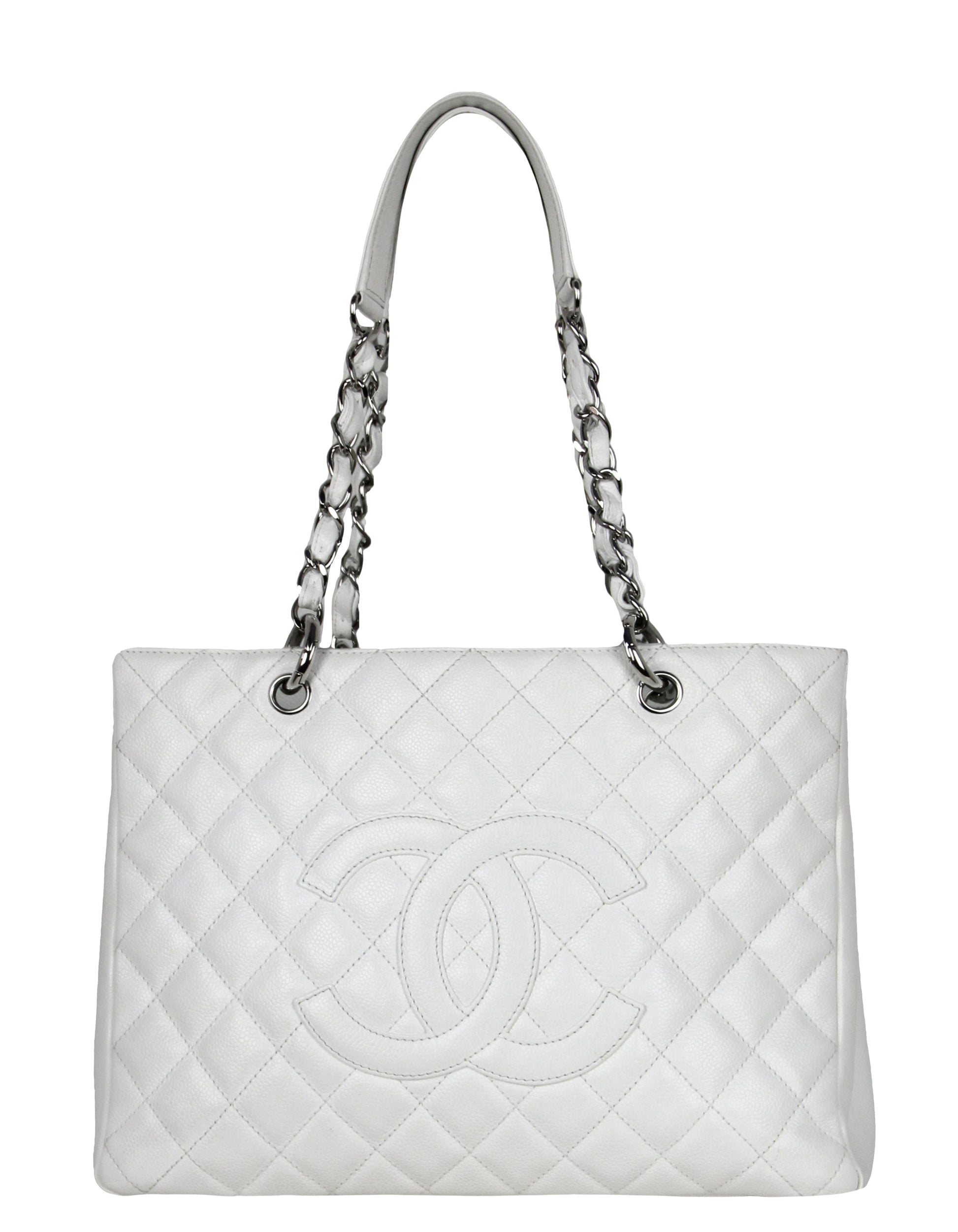 Chanel White Caviar Leather Quilted Grand Shopper Gst Women Shoes