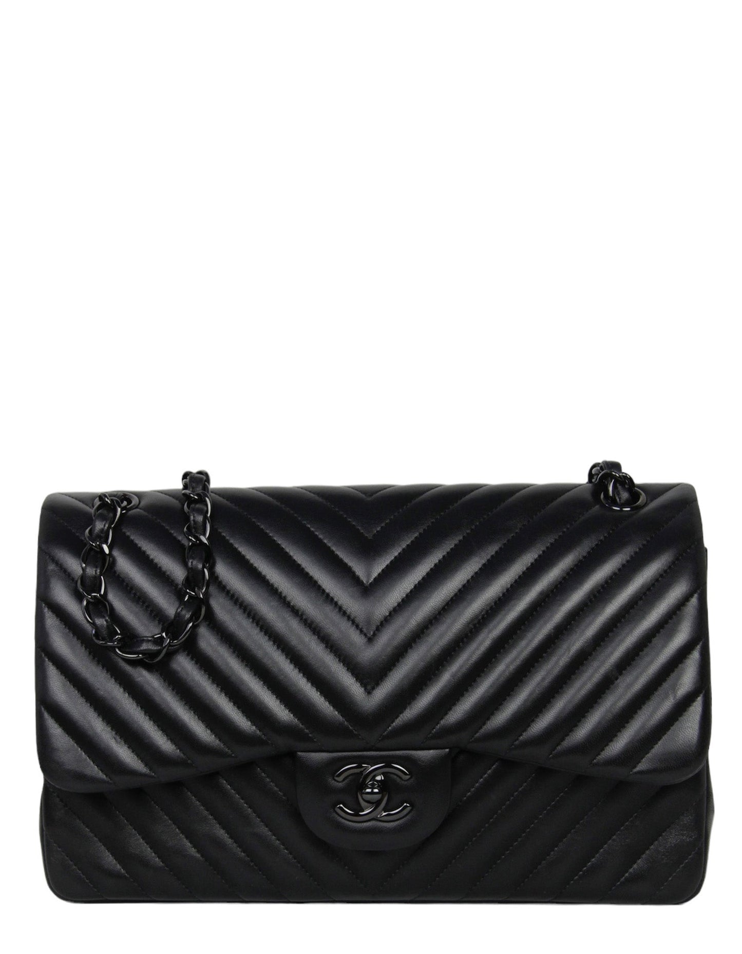 4CHANEL So Black Lambskin Chevron Quilted Double Flap Jumbo Flap Bag 100