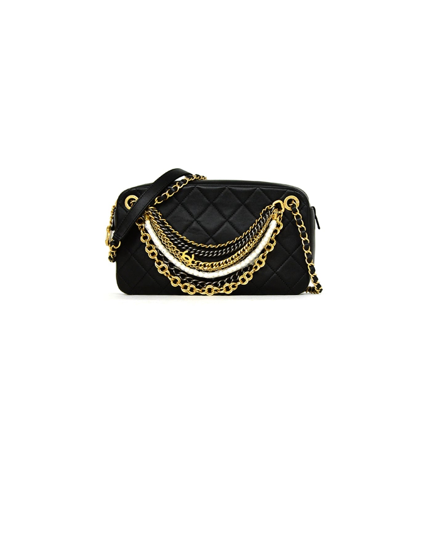 Chanel Black Leather Quilted All About Chains Camera Bag