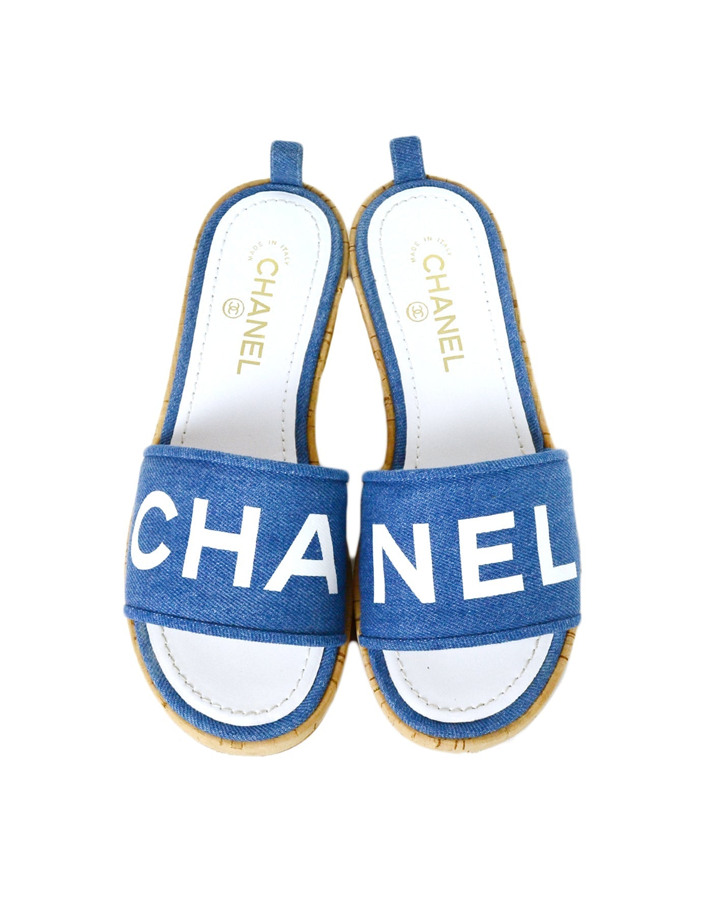 Chanel Blue Denim Logo Sandal Mules Sz 39