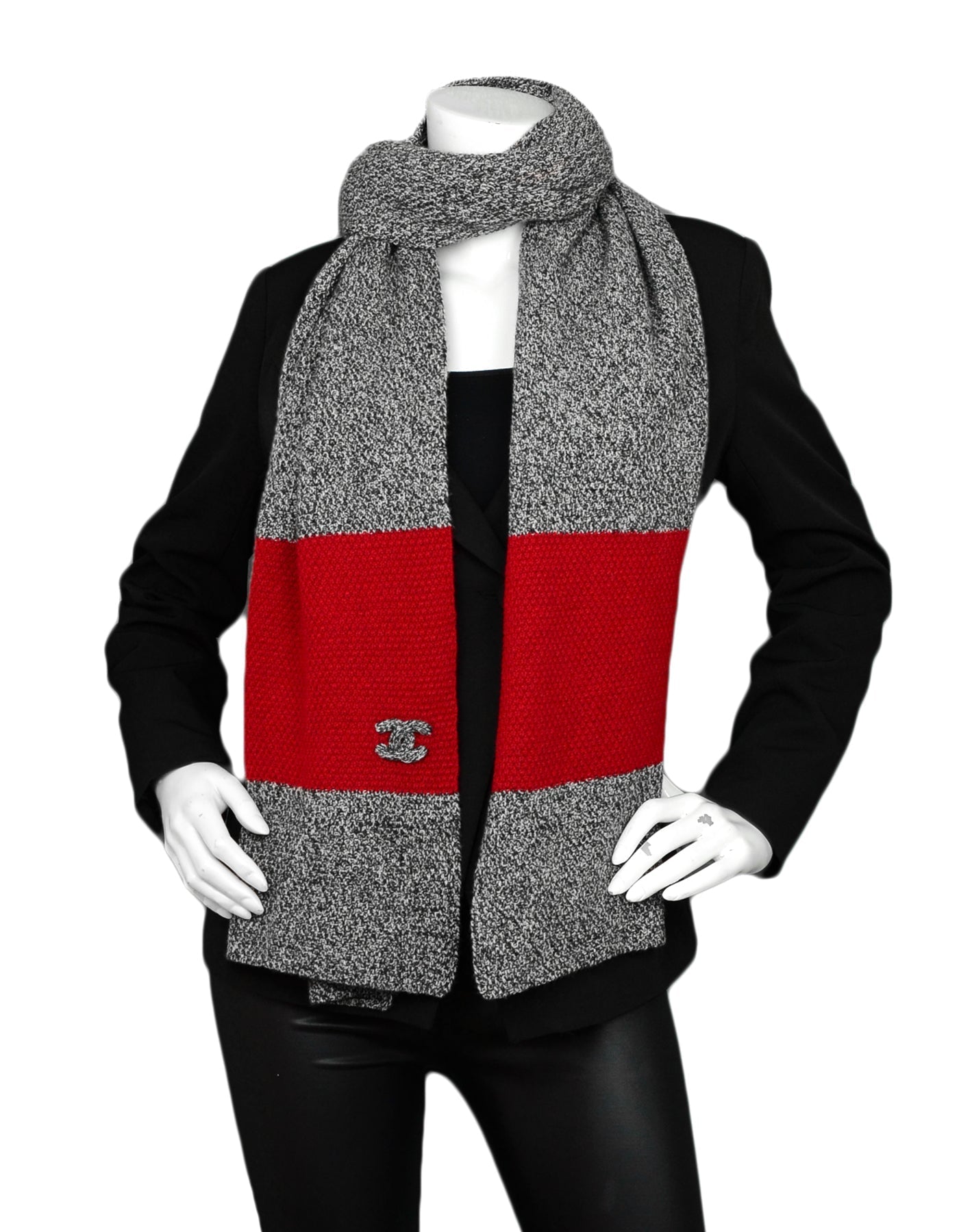 Chanel Black & White Cashmere W/ Red Trim Knit 88" Scarf W/ Puffy CC Detail Handbag